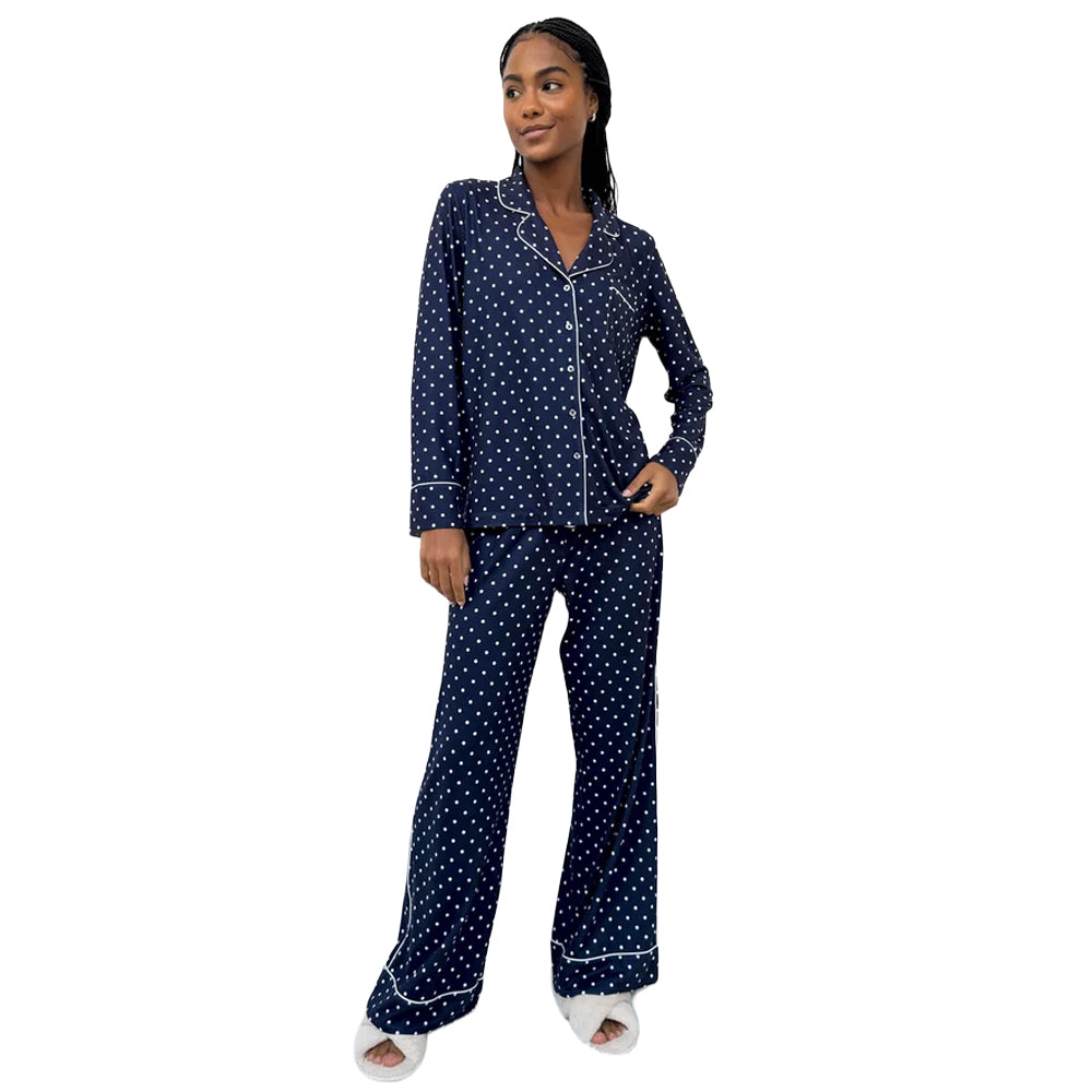 Splendid Pillowsoft PJ Set in navy blue with white polka dots, featuring a long-sleeve button-up top, white piping, and matching wide-leg pajama pants.