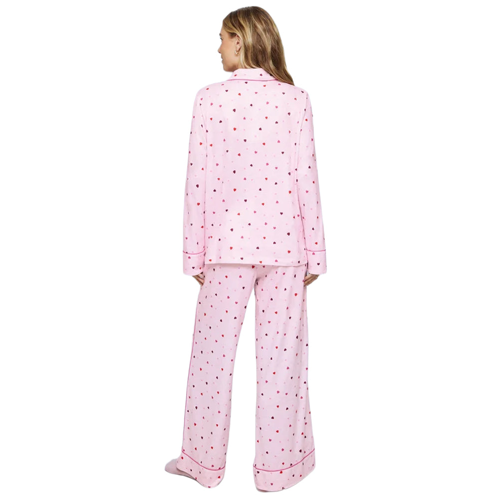 Splendid Pillowsoft PJ Set in light pink with multicoloured hearts, featuring a long-sleeve pajama top and matching wide-leg pants with pink piping.