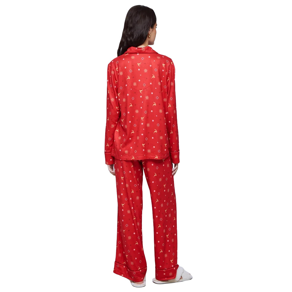 Splendid Pillowsoft PJ Set in festive red with gold reindeer and snowflake print, featuring a long-sleeve pajama top and matching wide-leg pants.
