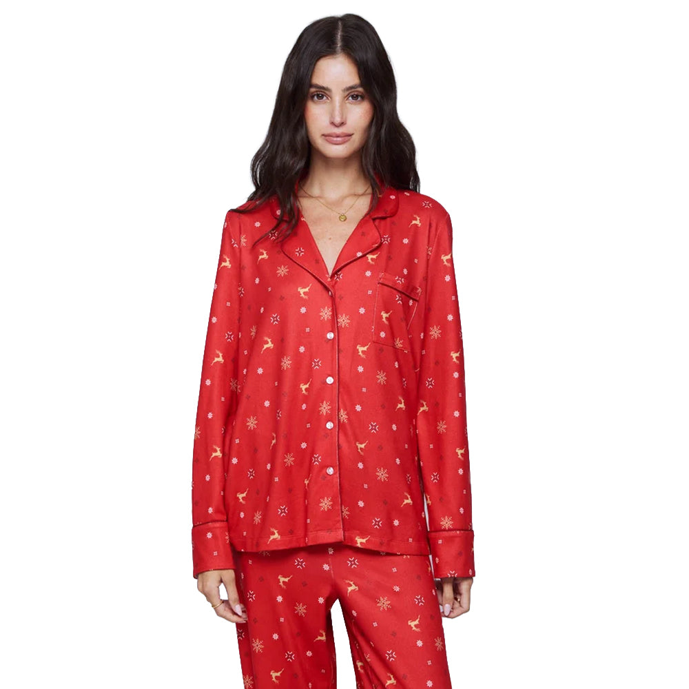 Splendid Pillowsoft red reindeer pajama top featuring a notched collar, button front, chest pocket, and festive snowflake pattern.