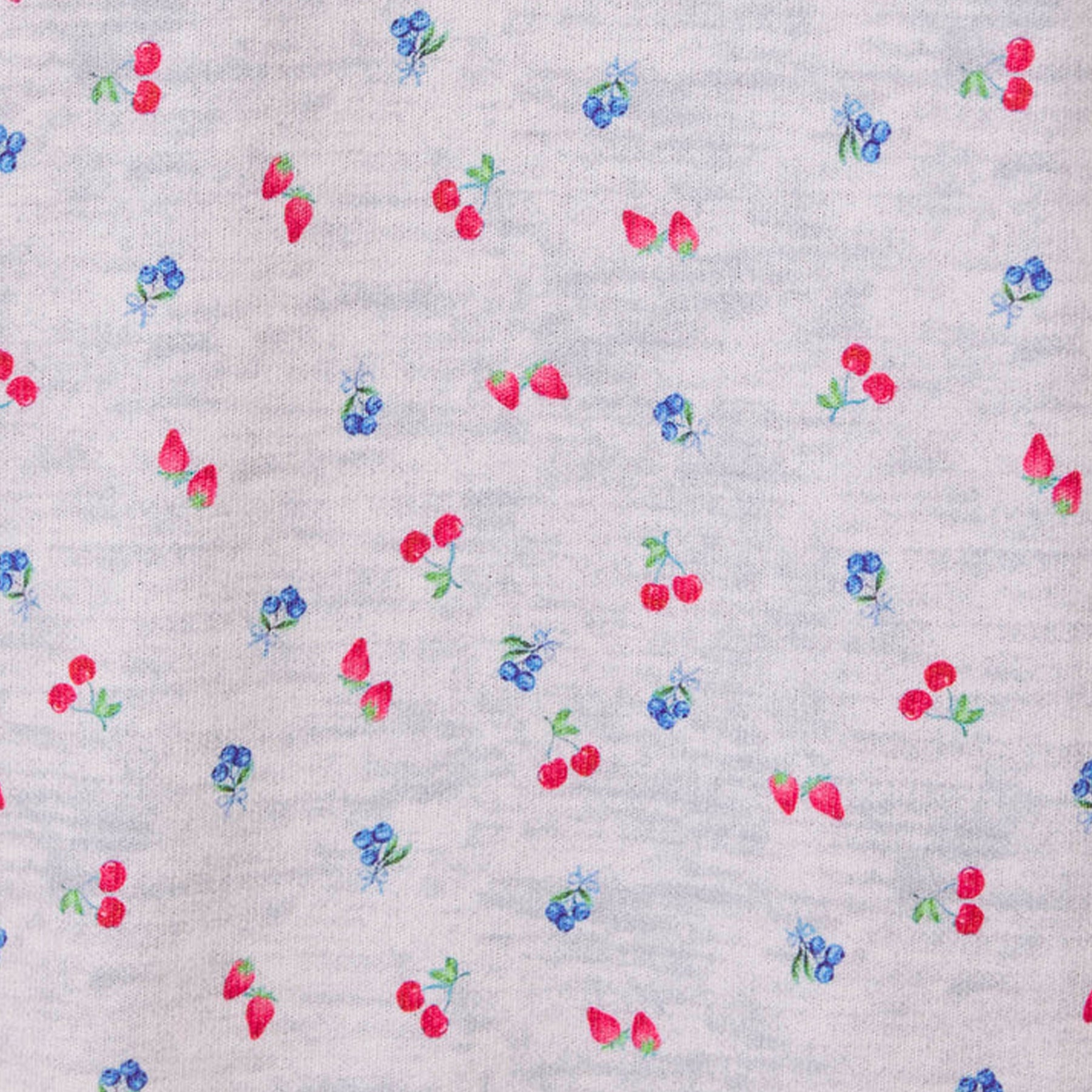 Close-up of grey fabric with scattered cherry, strawberry, and blueberry print