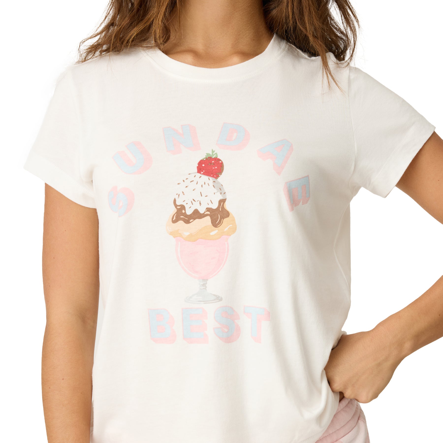 White t-shirt with ice cream graphic and text worn by a person