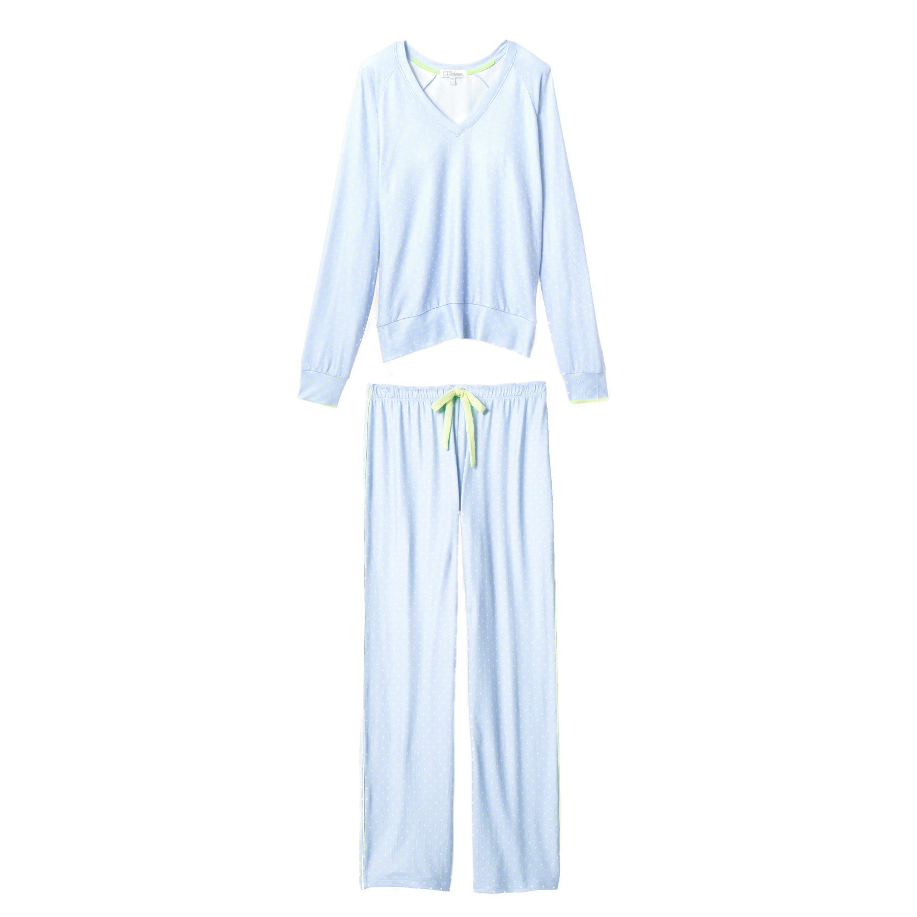 Flat lay of two-piece light blue pajama set with V-neck top and matching drawstring pants.