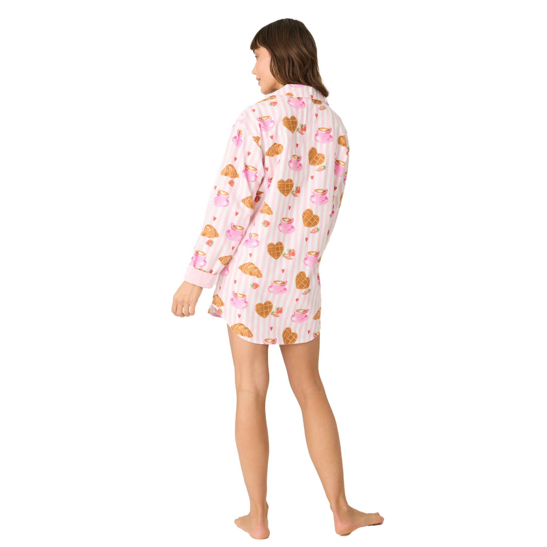 Back view of women’s striped nightshirt with breakfast print.