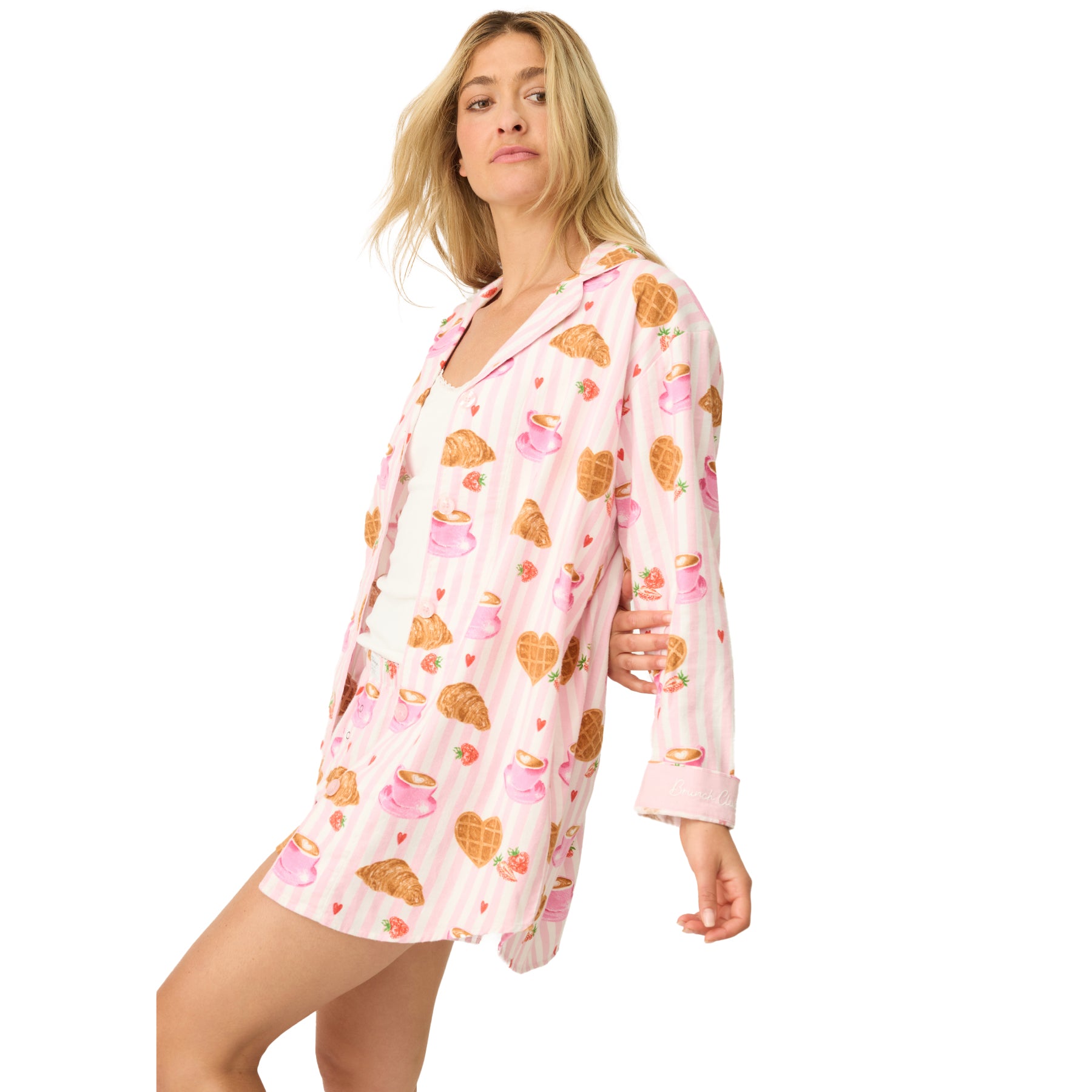 Side view of button-front breakfast-print nightshirt.