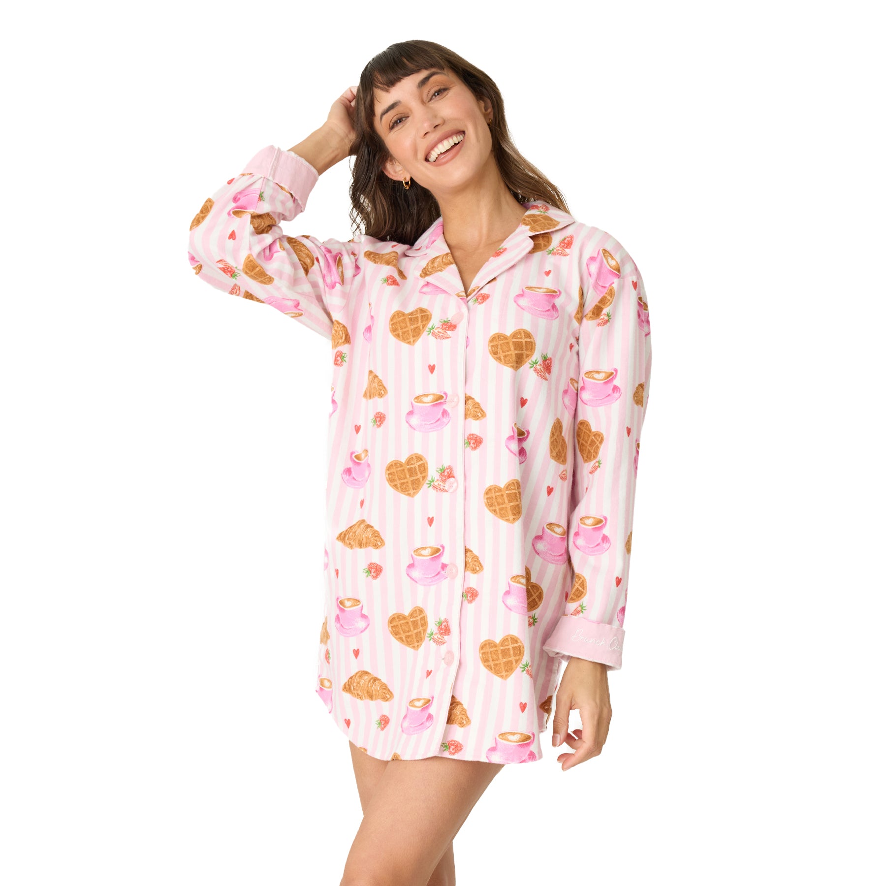 Front view of women’s striped nightshirt with coffee and croissant print.