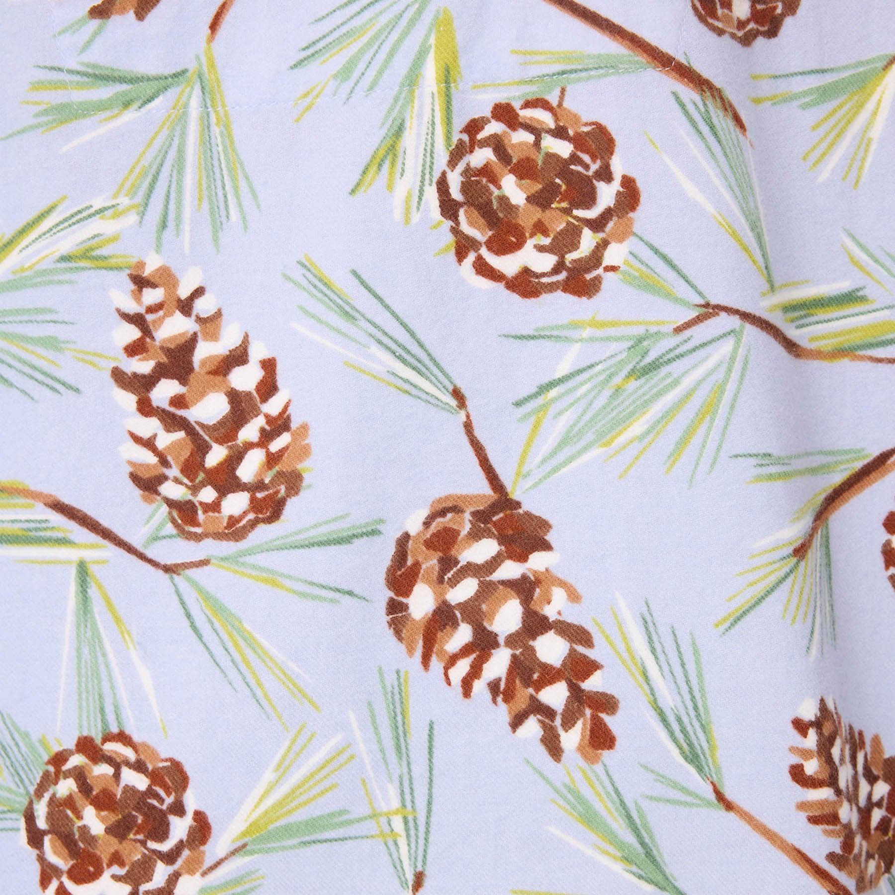 Pattern of pine cones and branches on a light blue background