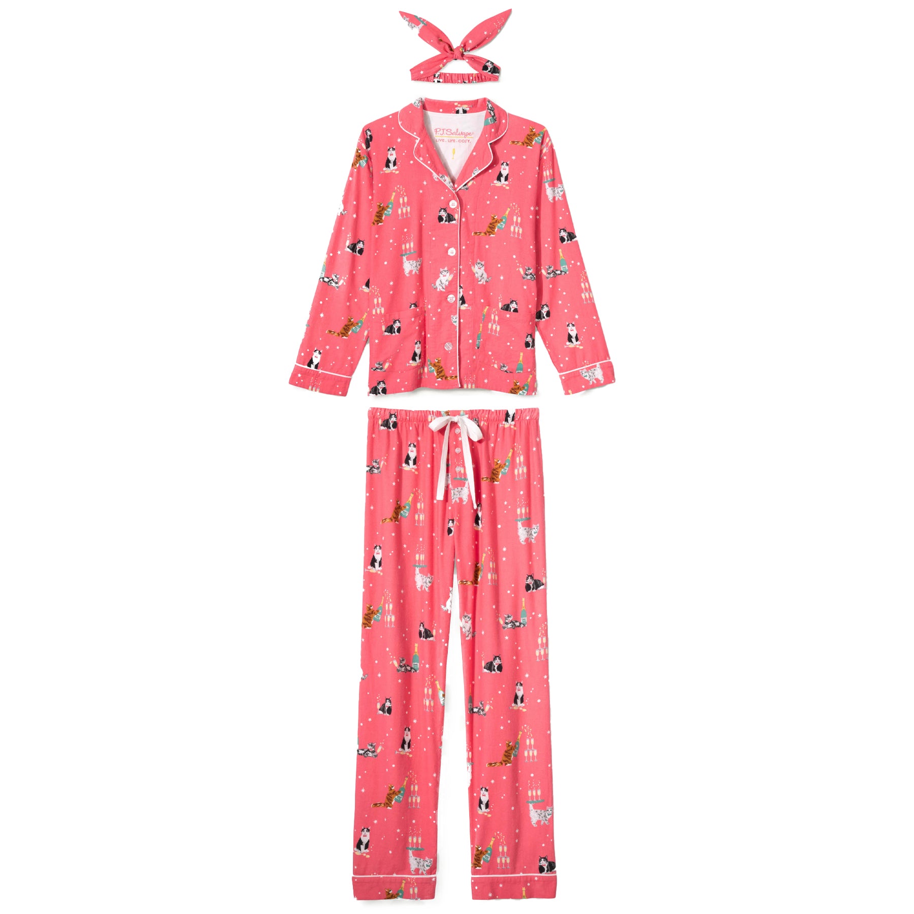 Pink pajama set with animal print on a white background