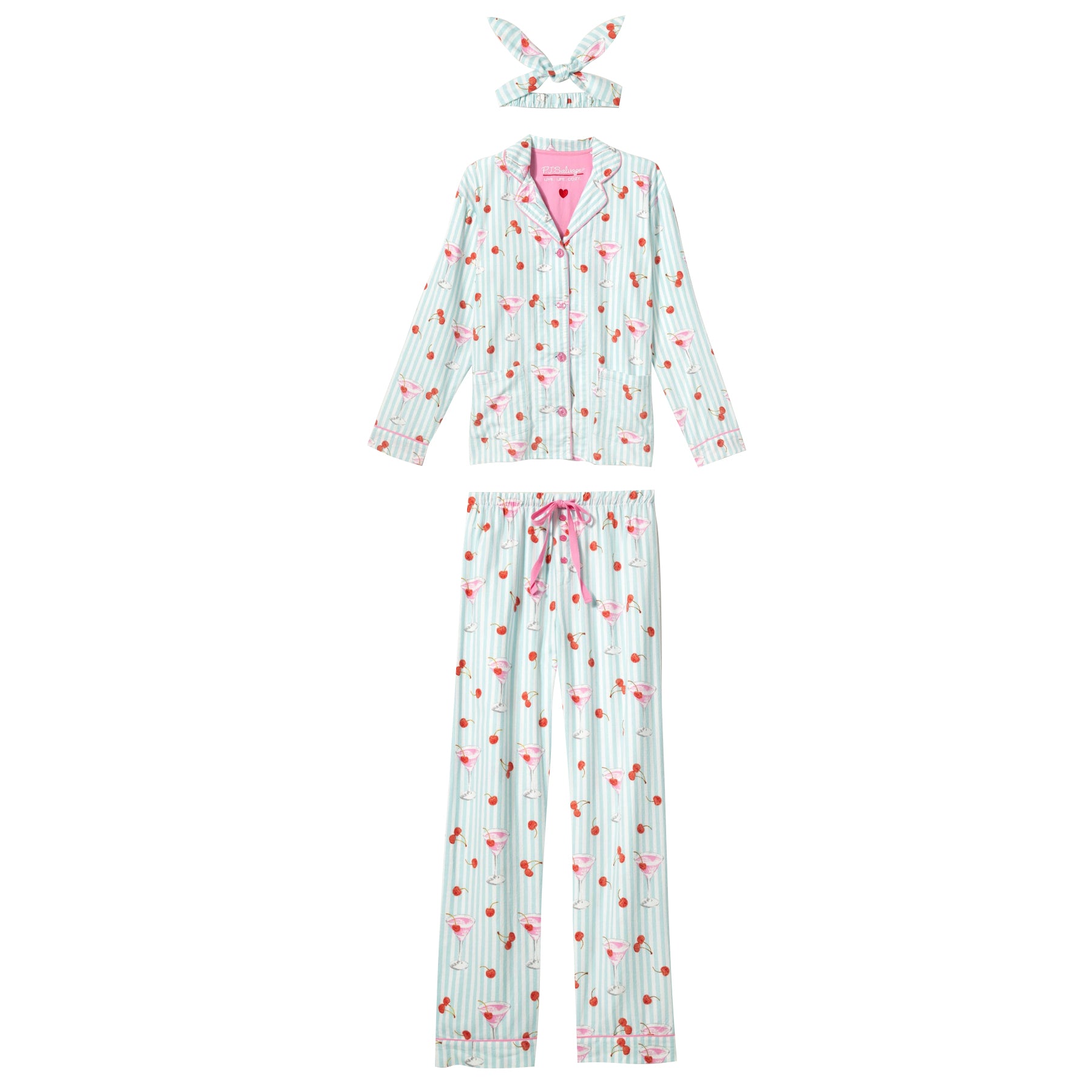 Pajama set with top and pants featuring a cherry pattern on a white background