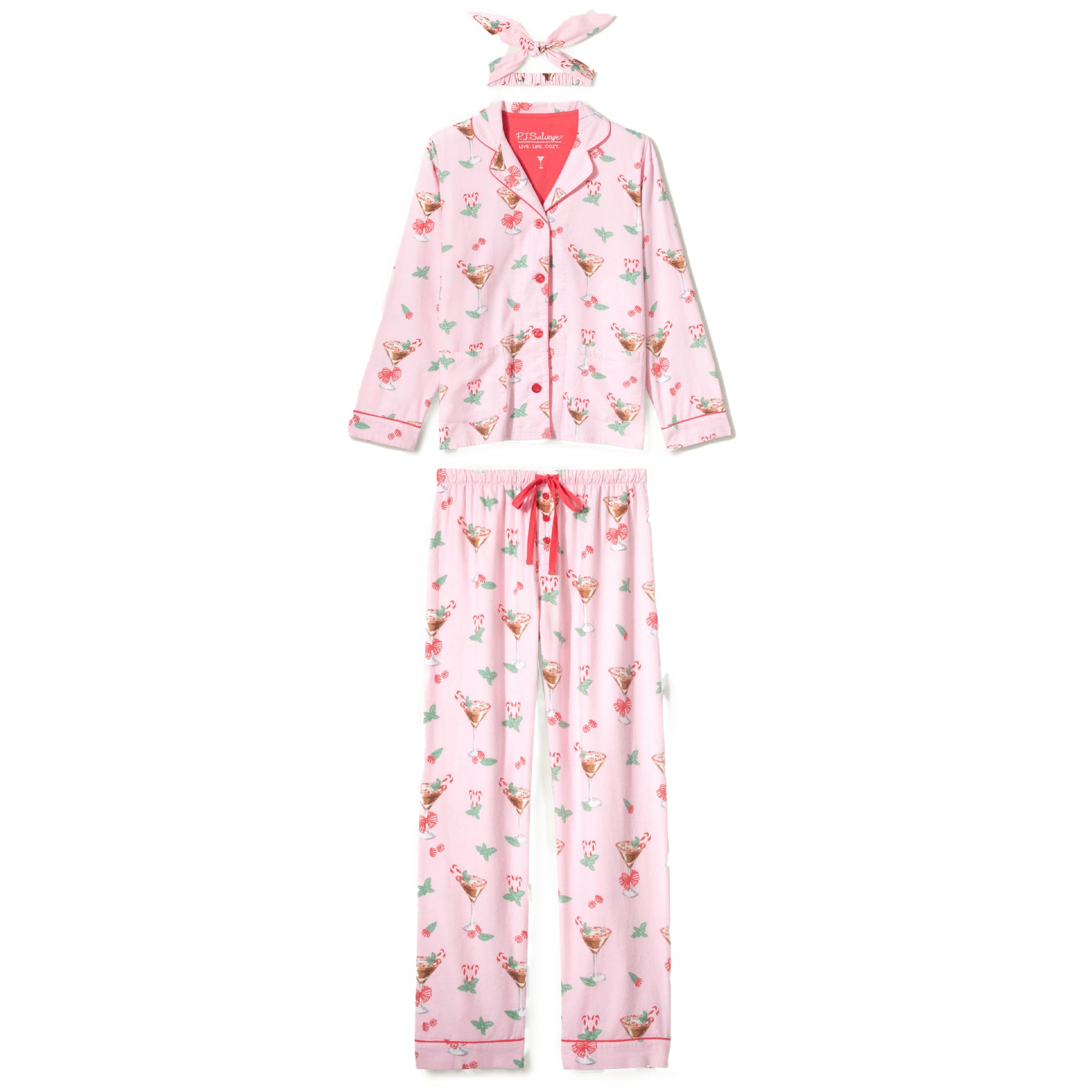 Pink pajama set with floral pattern on a white background