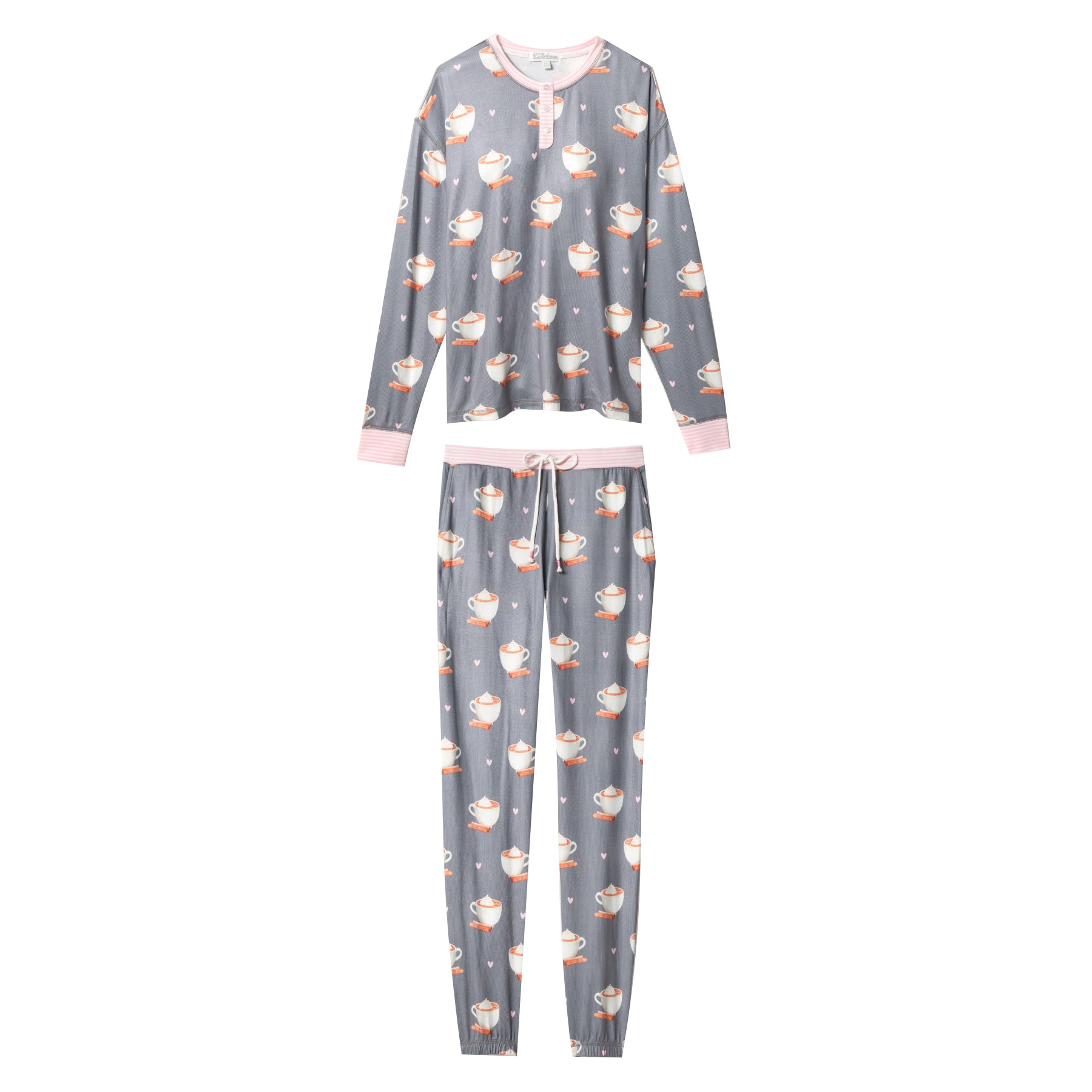 Flat lay of two-piece grey pajama set with cocoa mug design.