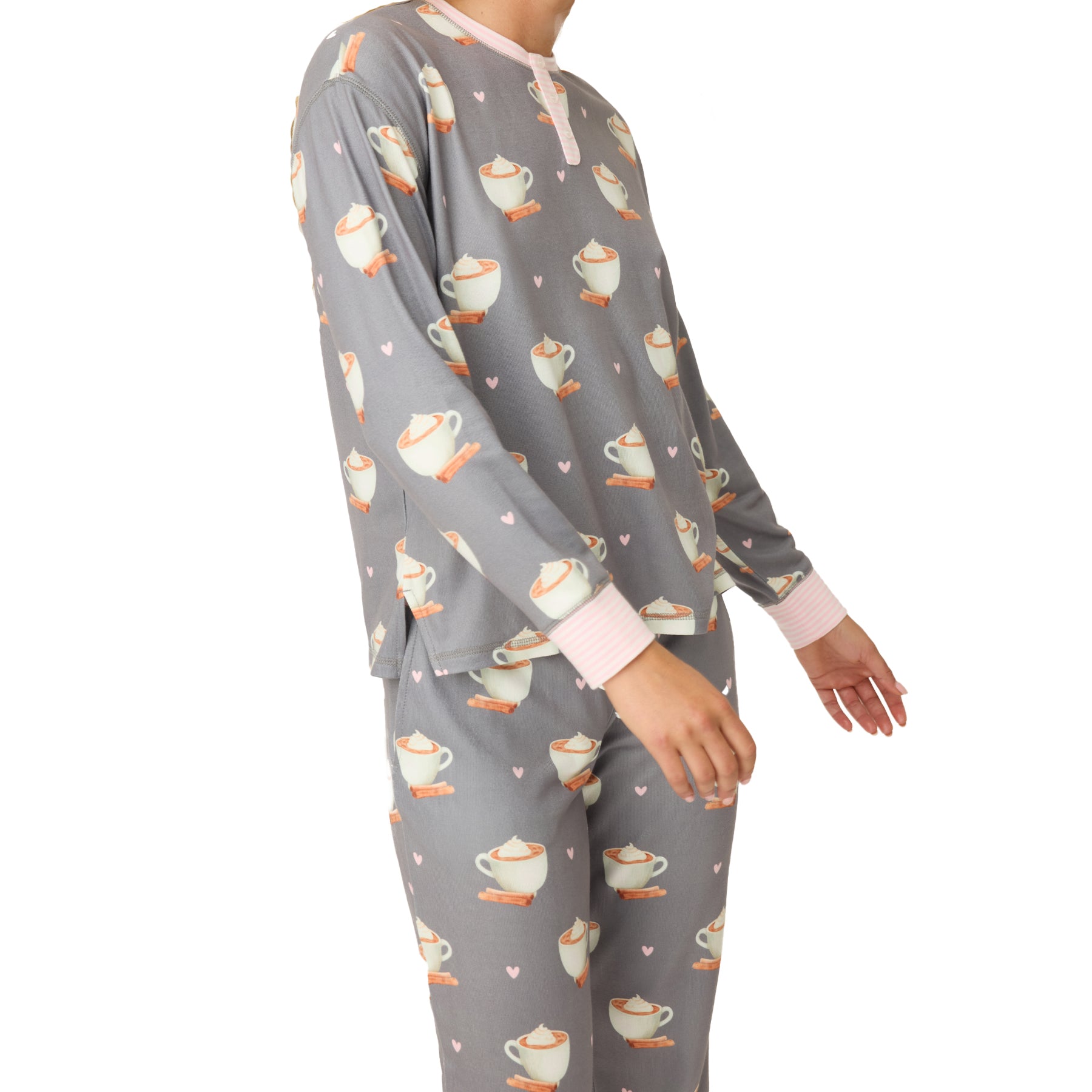 Side view of long-sleeve grey pajama set with cocoa print.