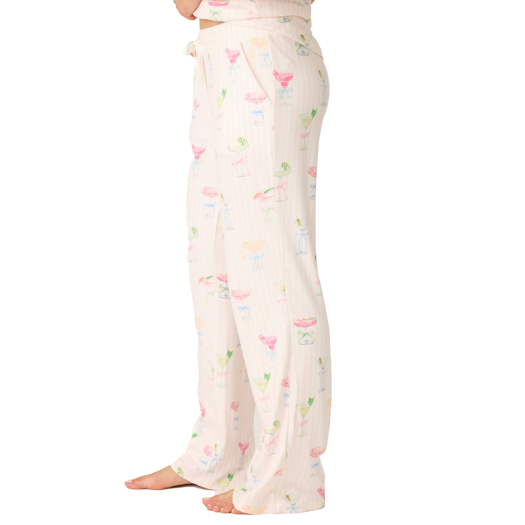 Side view of women’s pyjama pants with pastel cocktail glass design.