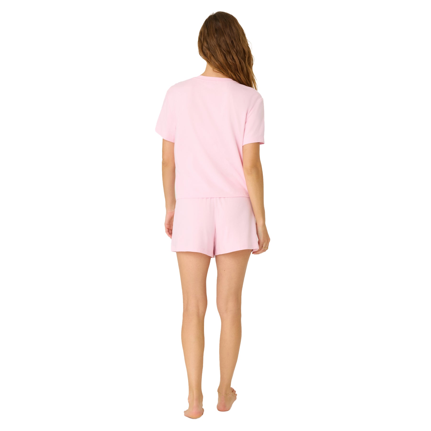 Back view of solid pink women’s short sleeve sleep set with shorts.