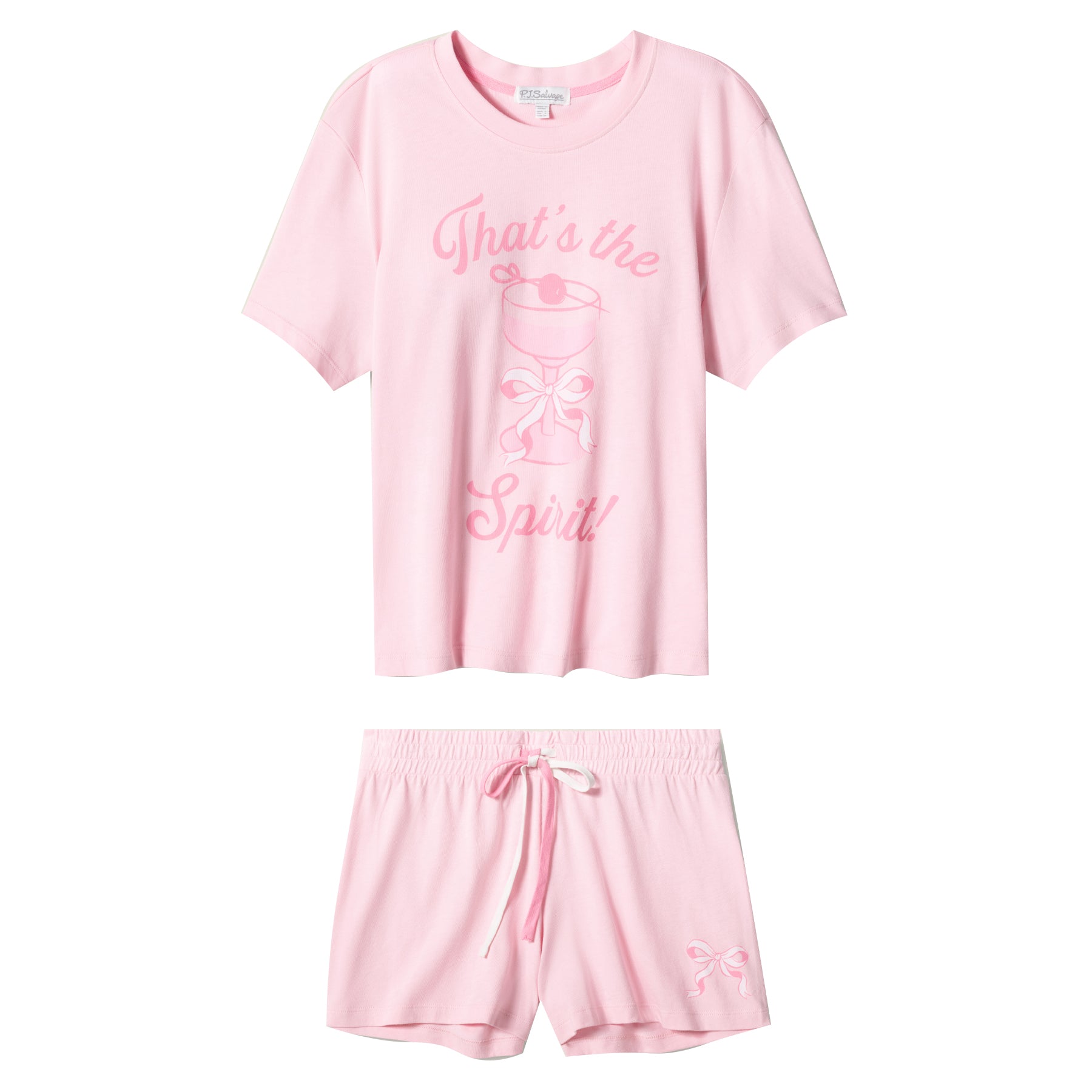 Flat lay of pink pajama set including slogan graphic tee and matching bow shorts.