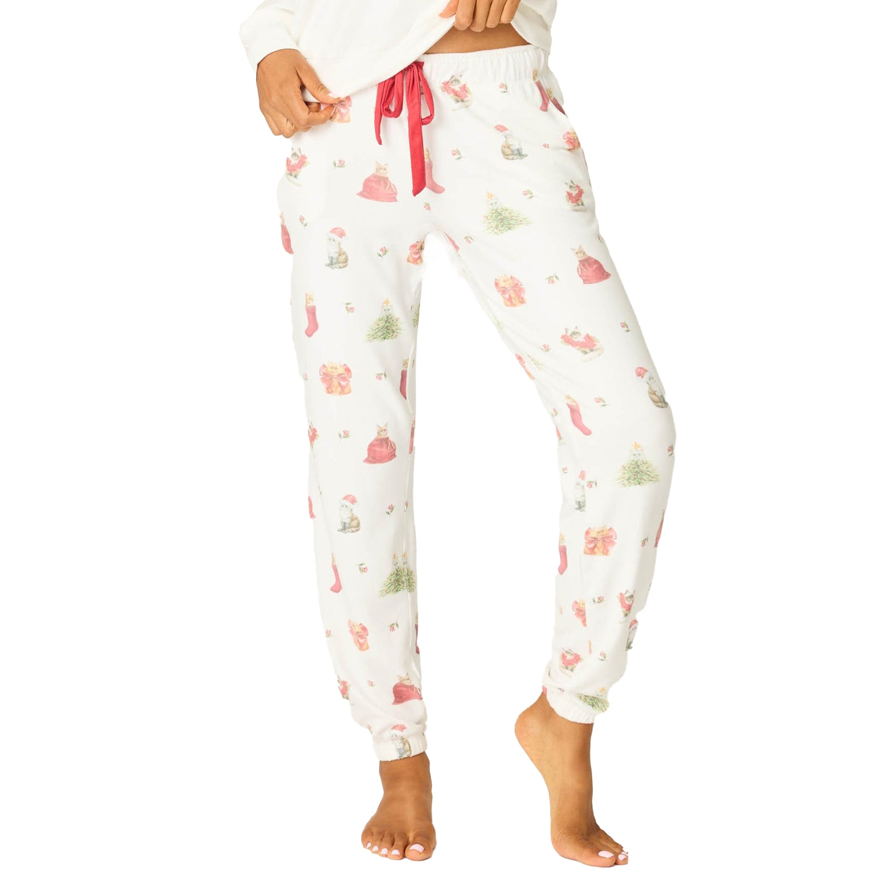 Floral patterned pajama pants with a pink drawstring on a white background