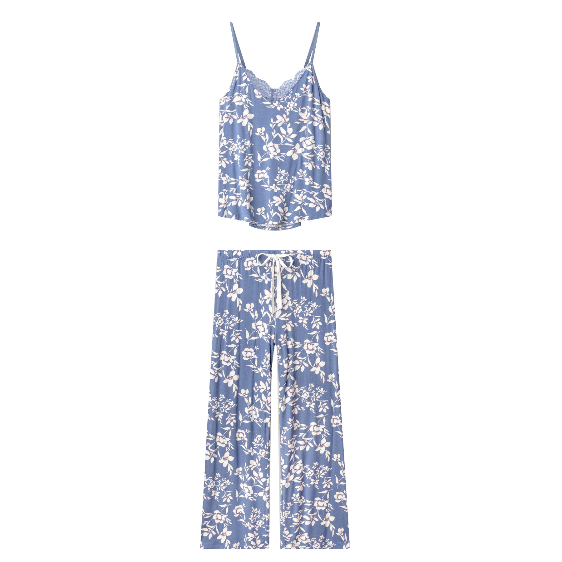 Blue floral camisole and matching wide-leg pyjama pants set, flat lay product image