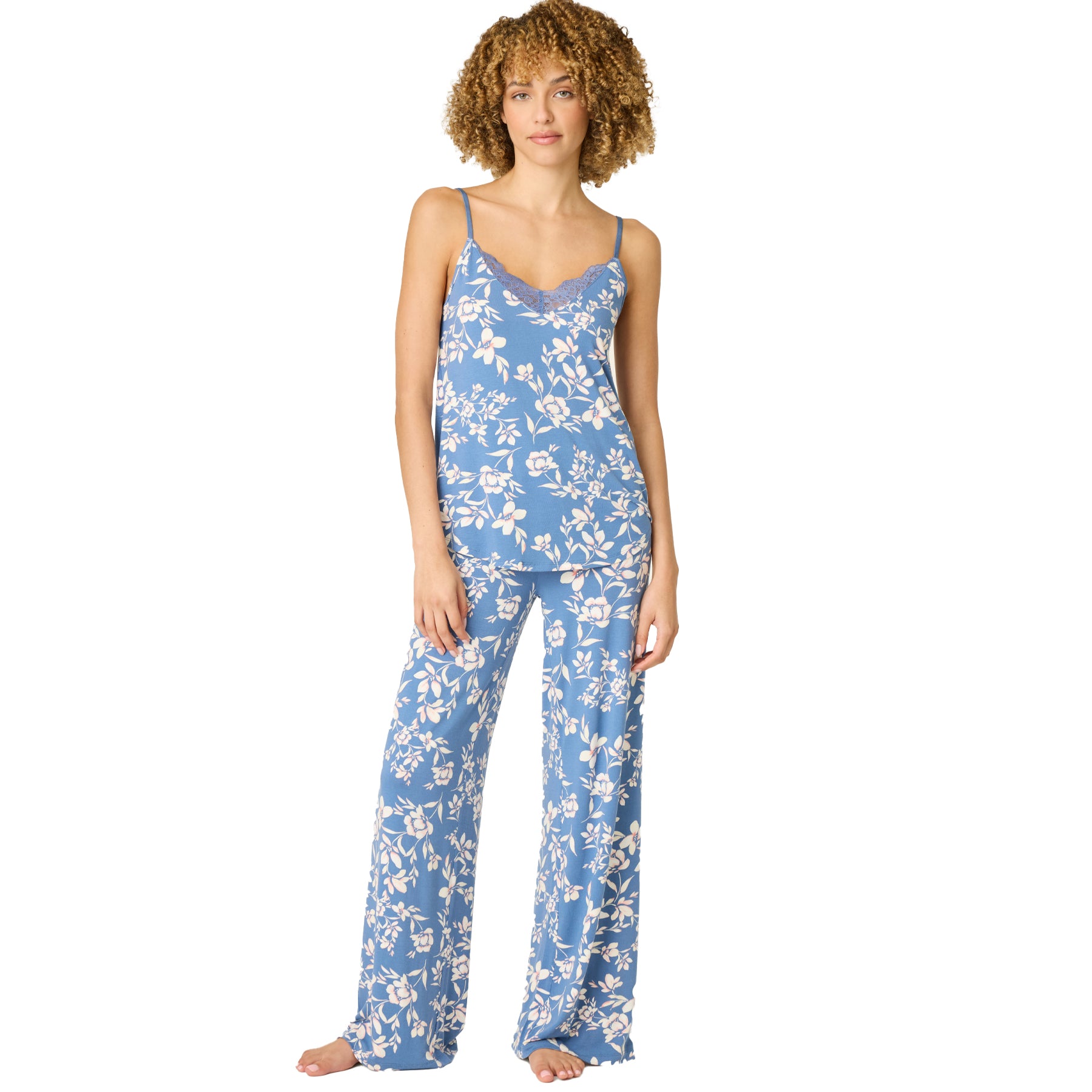 Women’s blue floral cami and lounge pants set, front view