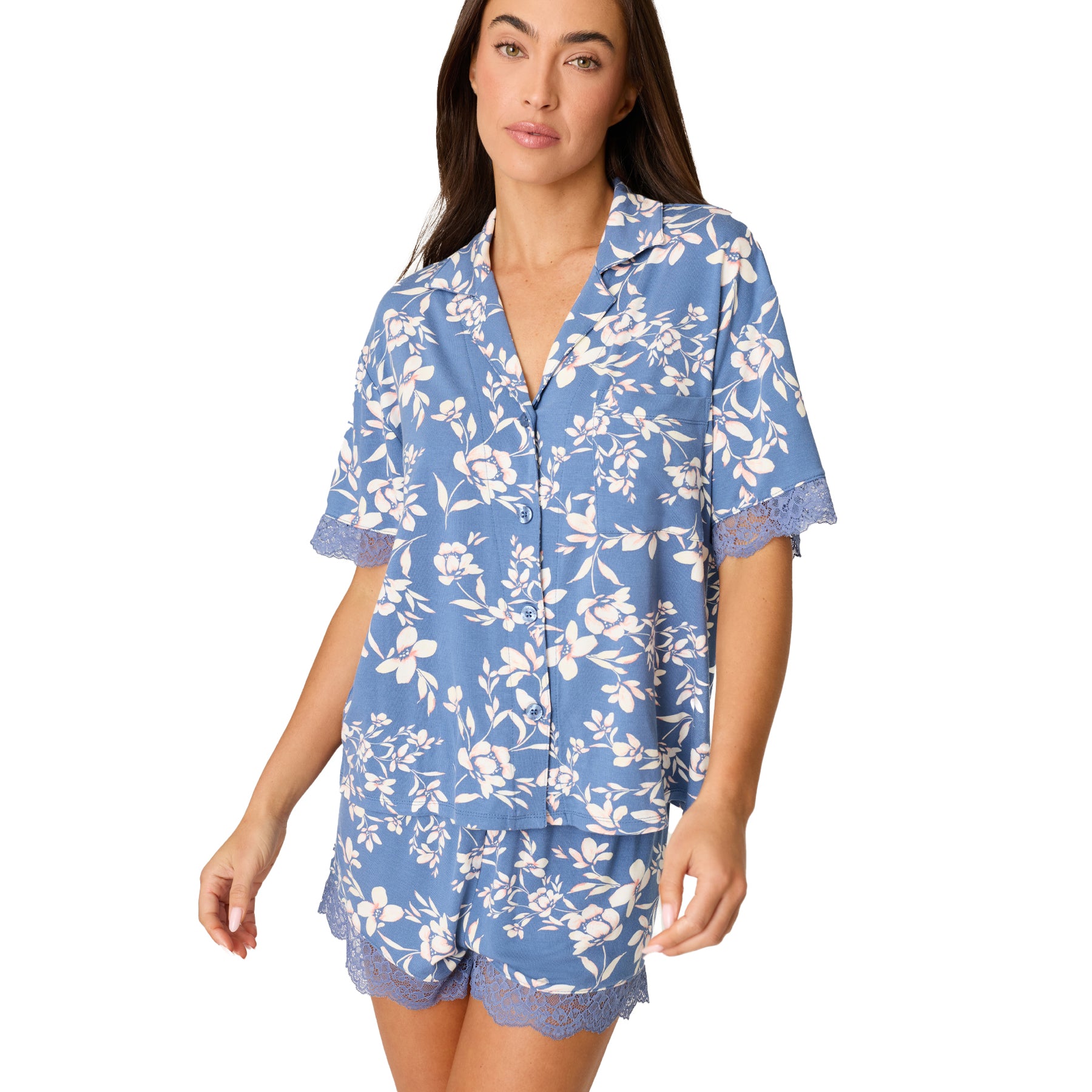 Blue floral short sleeve pyjama set with button-up top and lace trim shorts front view