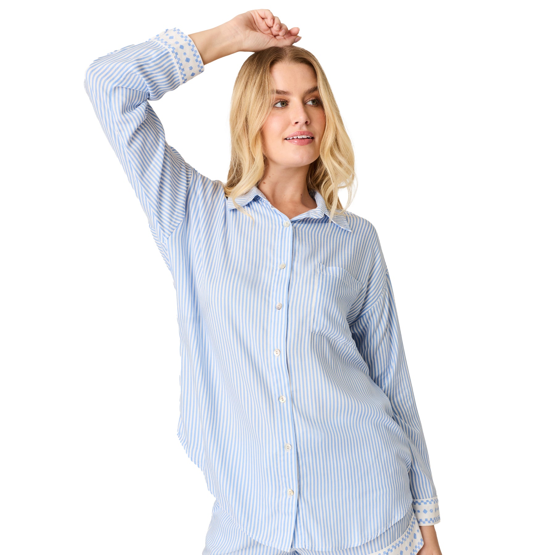 Women’s blue and white striped long sleeve pyjama shirt with button front and relaxed fit