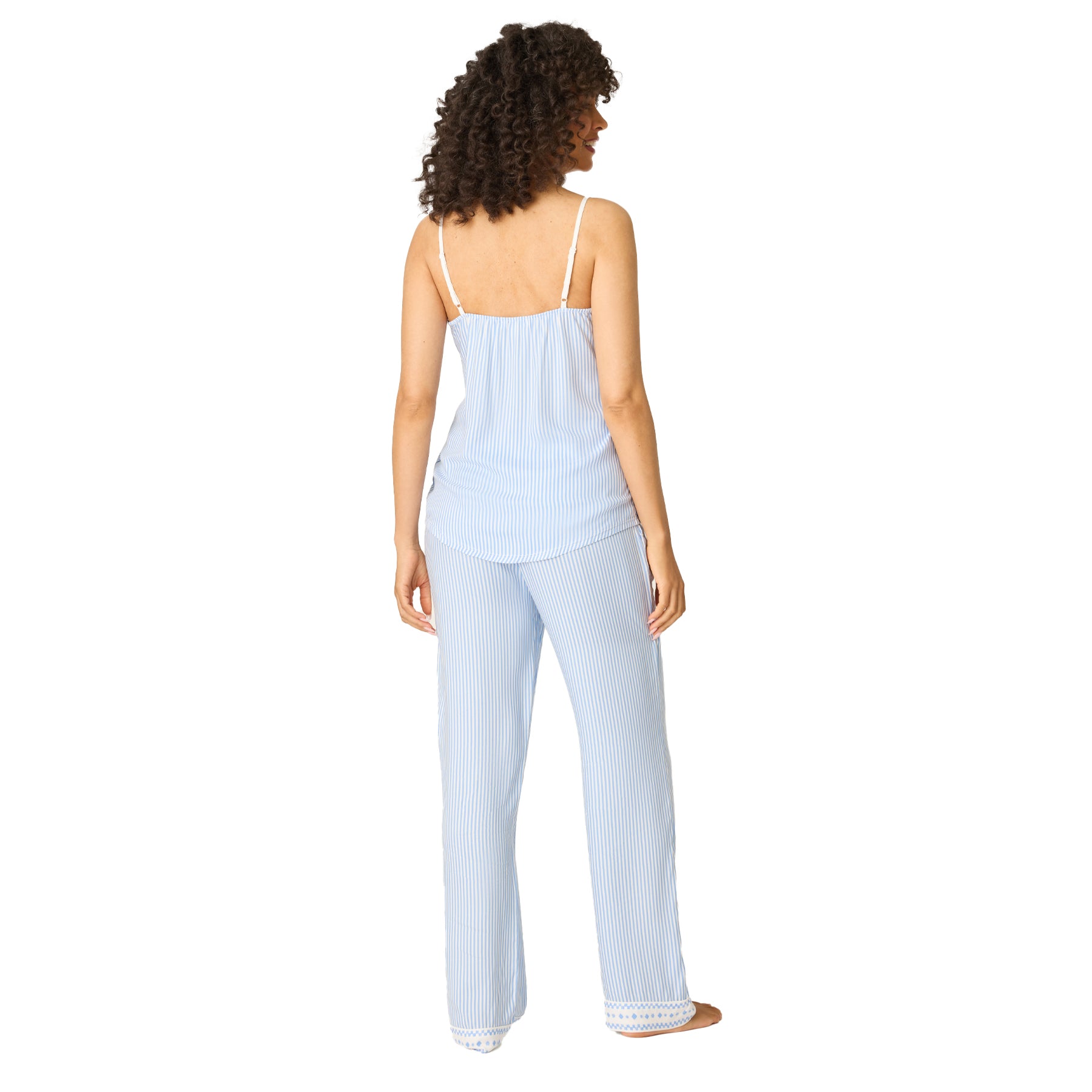 Women’s blue and white striped camisole and wide-leg pyjama pants set, back view