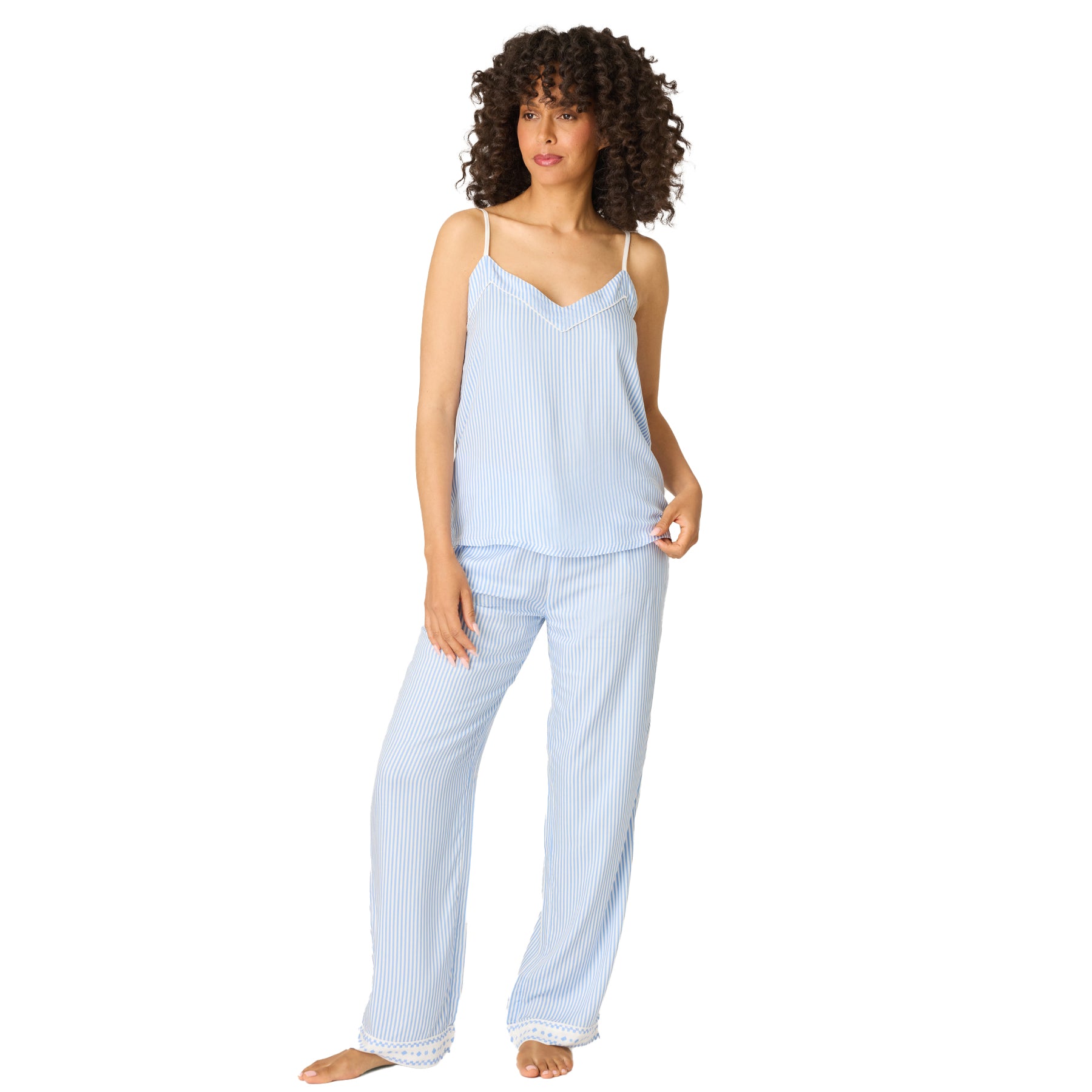 Women’s blue striped cami and lounge pants set, front view
