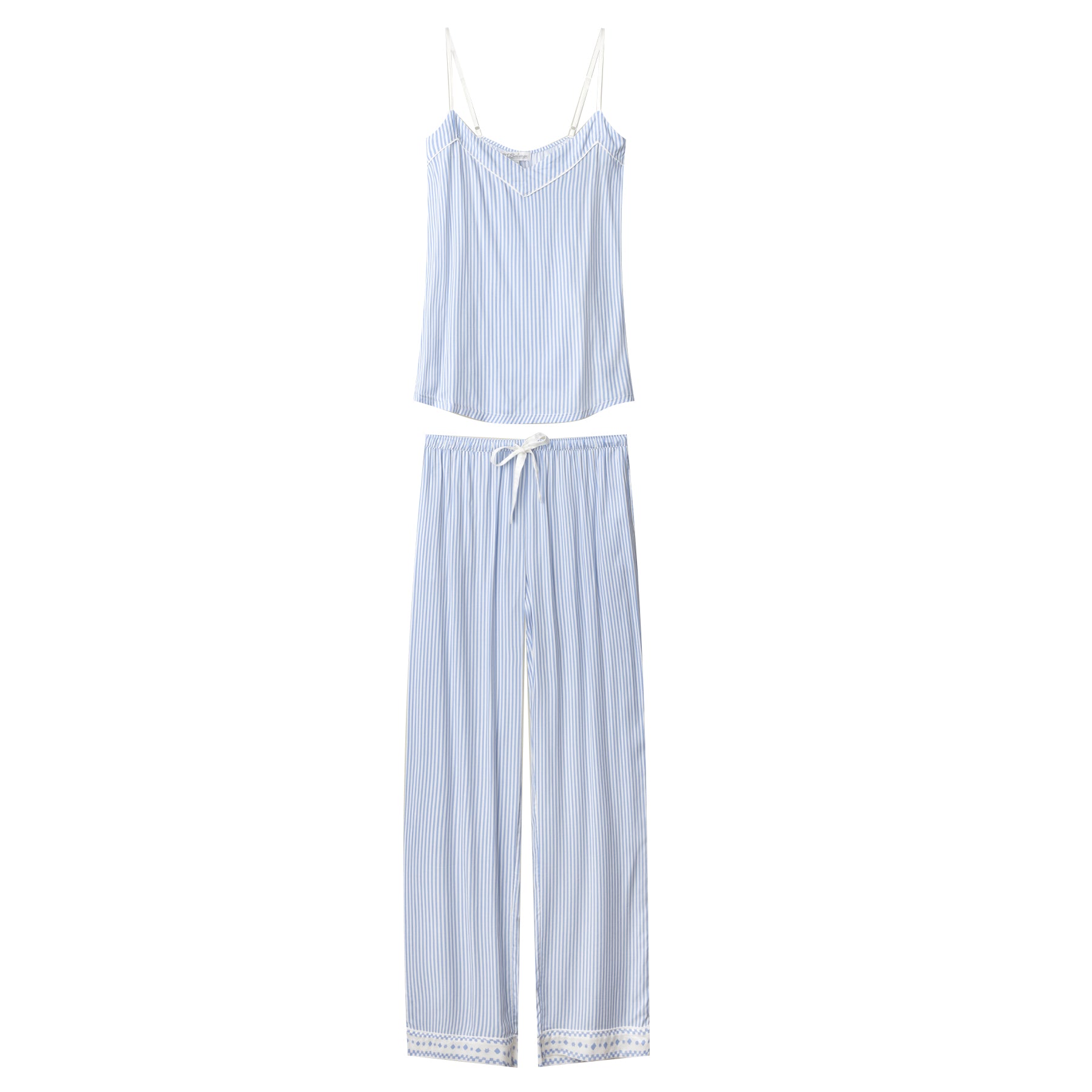 Blue and white striped camisole and wide-leg pyjama pants set, flat lay product image
