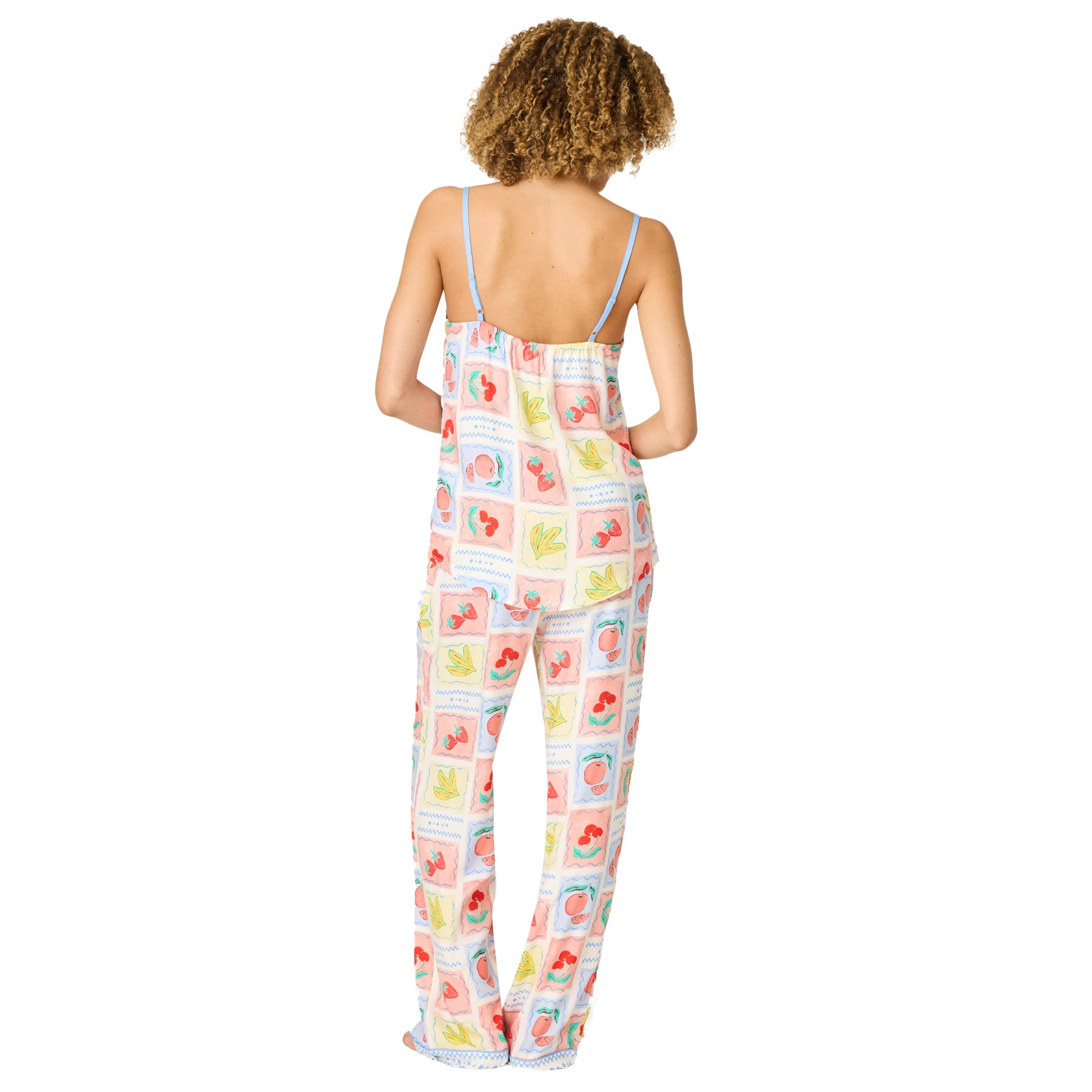 Women’s pastel fruit print camisole and wide-leg pyjama pants set, back view