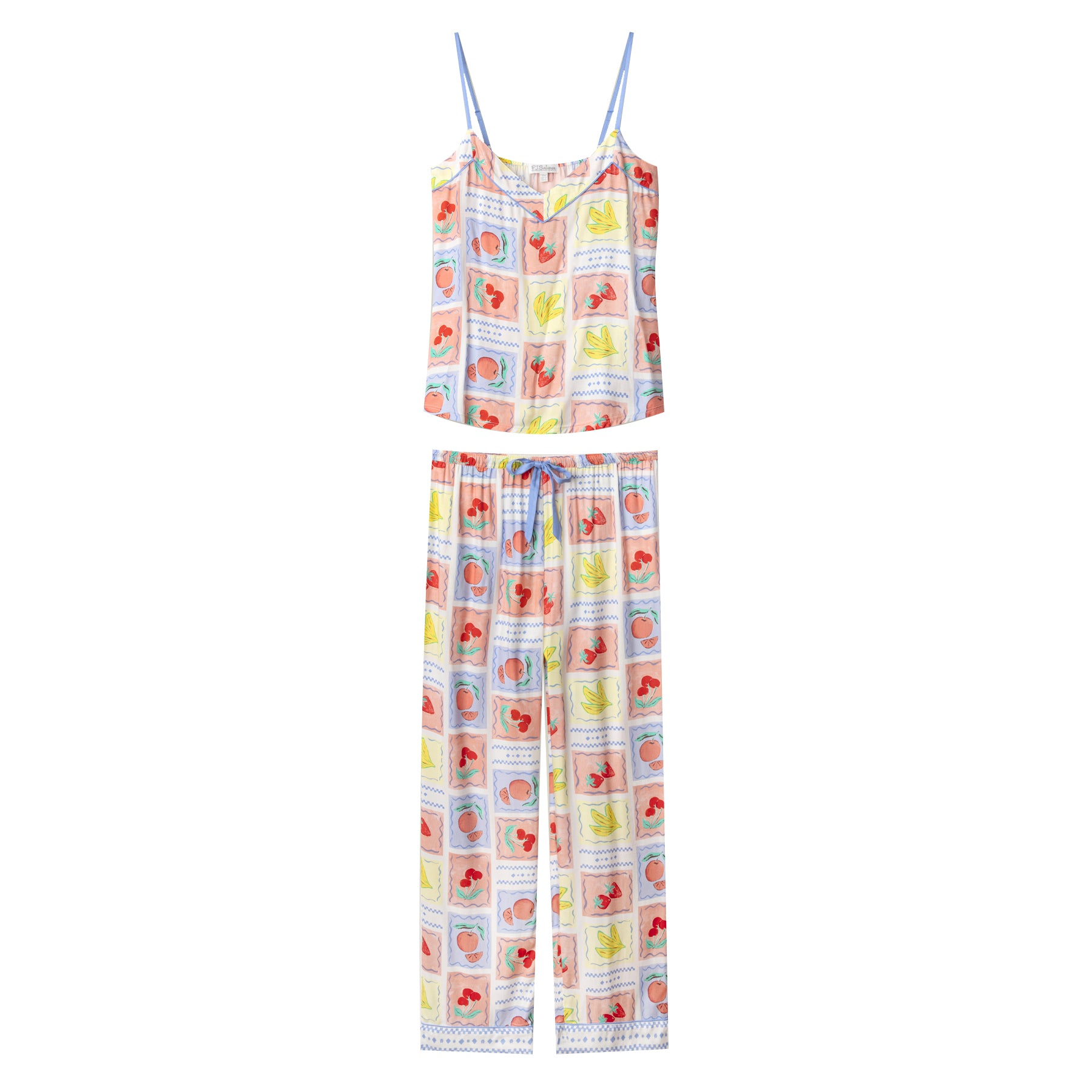 Pastel fruit print camisole and wide-leg pyjama pants set, flat lay product image
