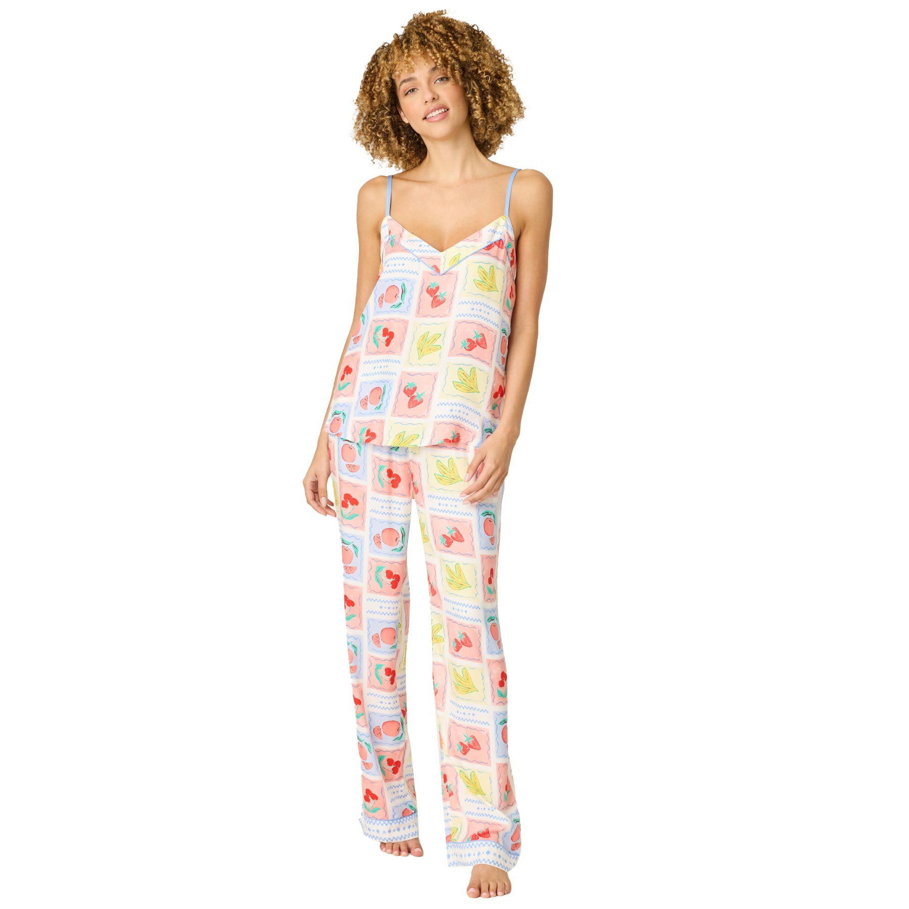 Women’s fruit print cami and pyjama pants set with relaxed fit, front view
