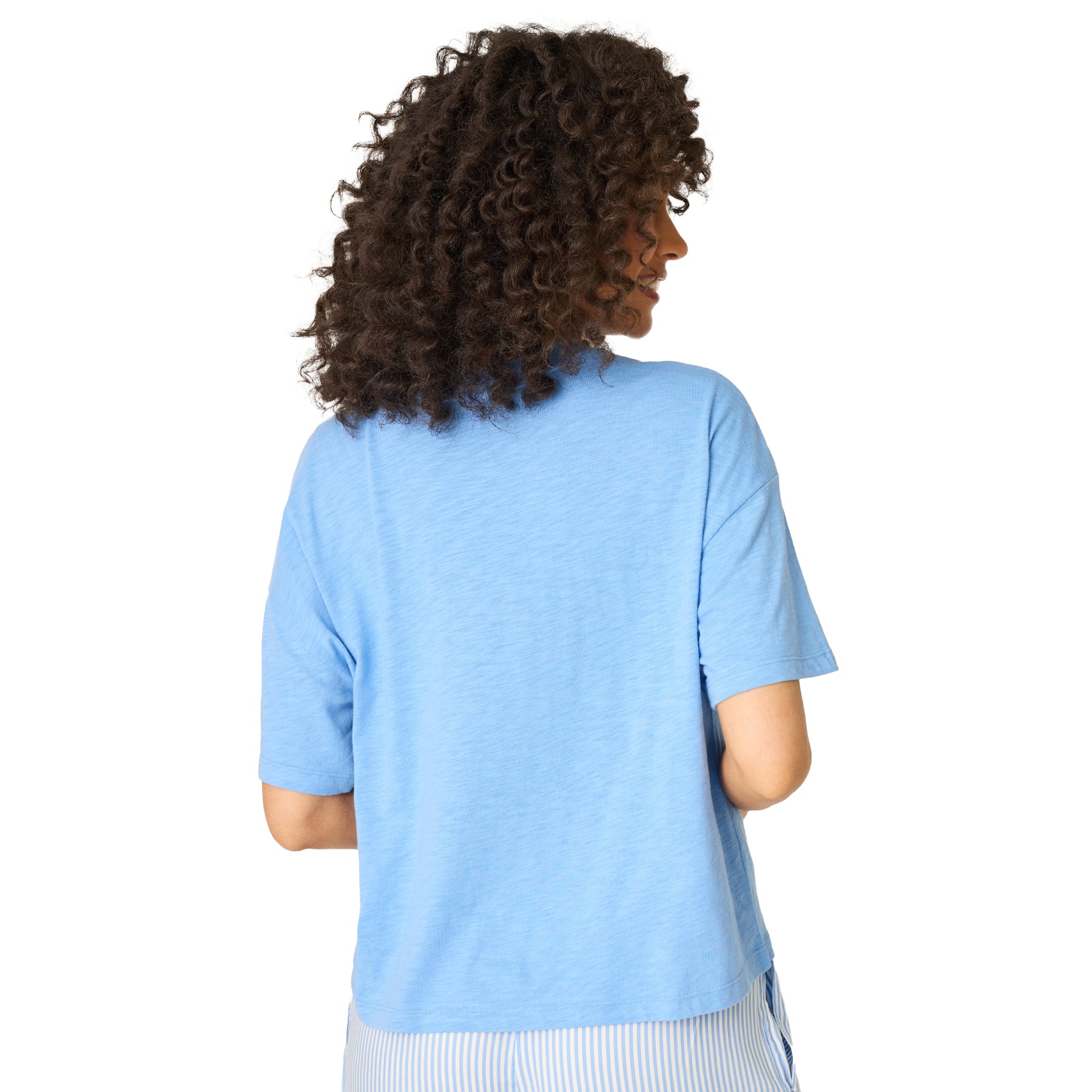 Women’s cornflower blue short sleeve sleep t-shirt with relaxed fit, back view