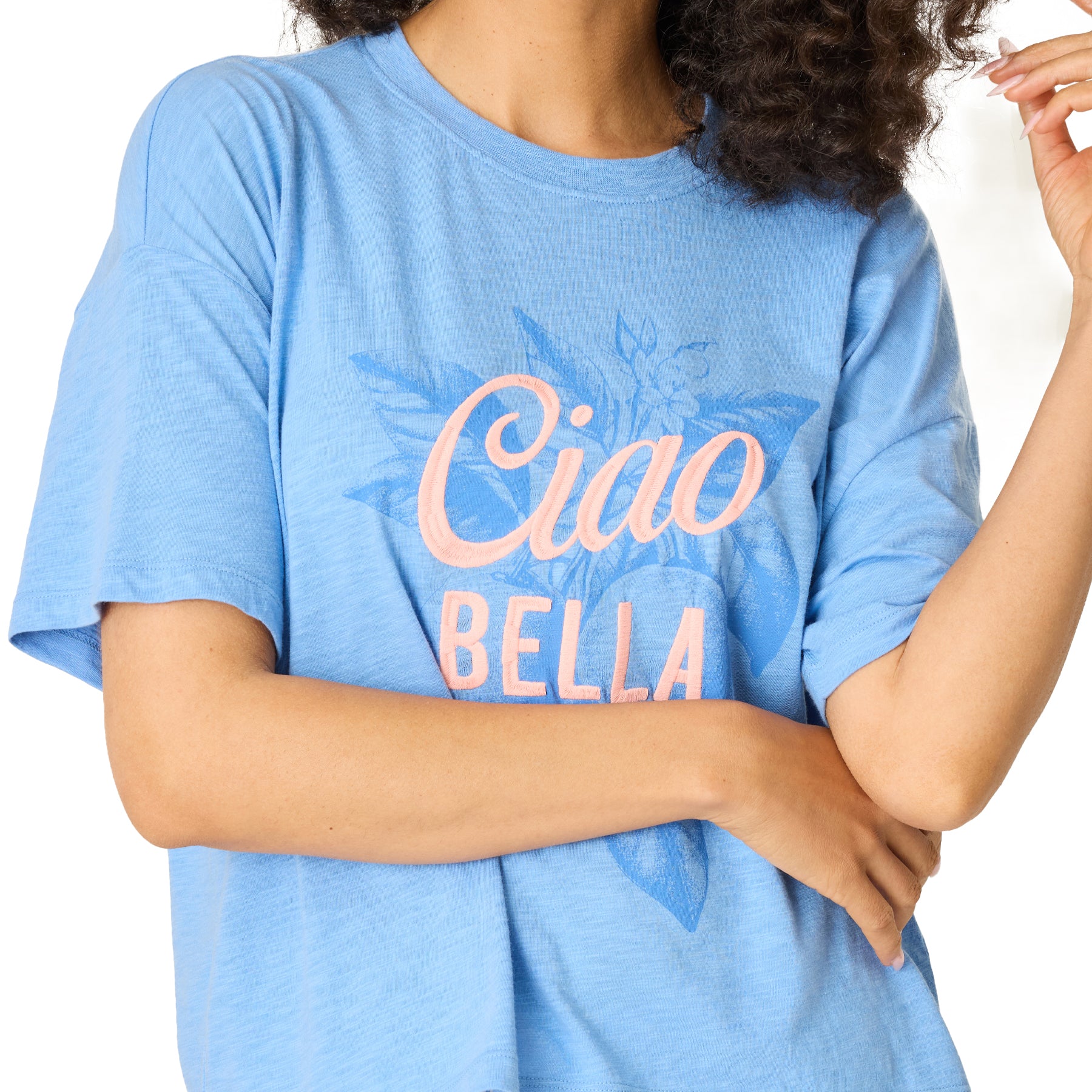Women’s blue lounge t-shirt with “Ciao Bella” graphic and soft lightweight fabric