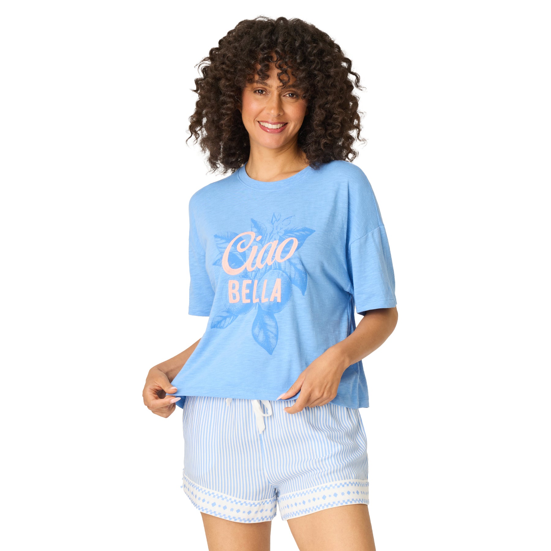 Women’s cornflower blue “Ciao Bella” sleep t-shirt with matching striped lounge shorts