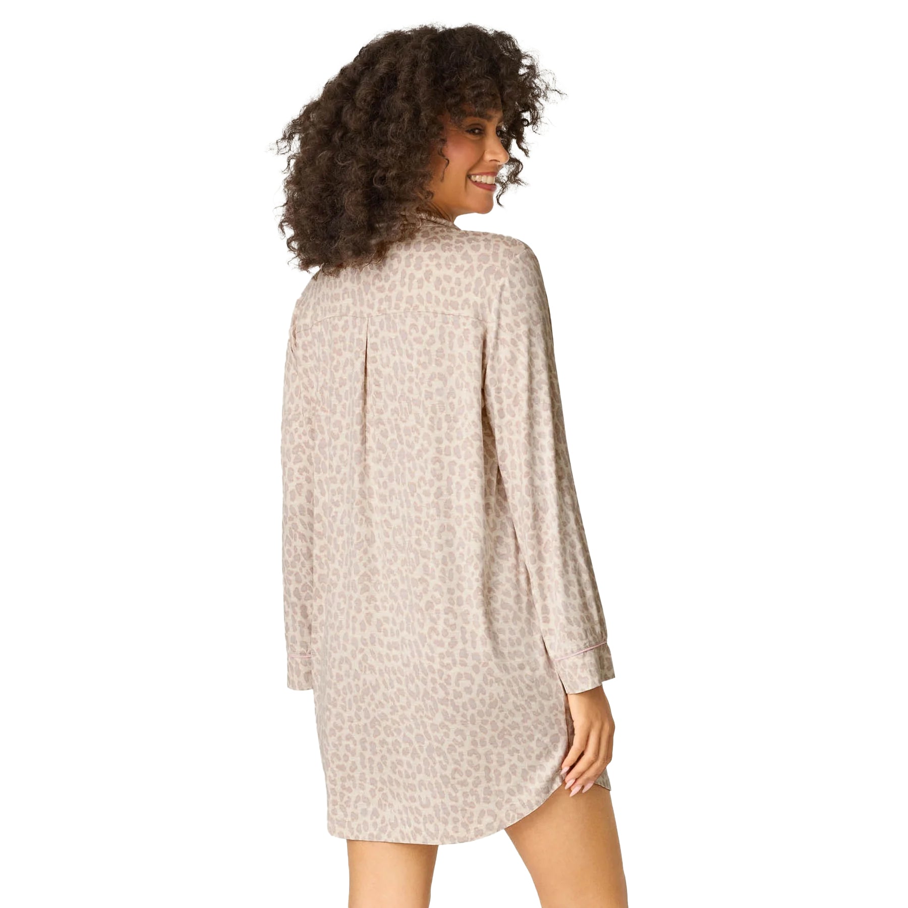 Back view of beige leopard print long sleeve sleep shirt with relaxed fit and curved hem detail.