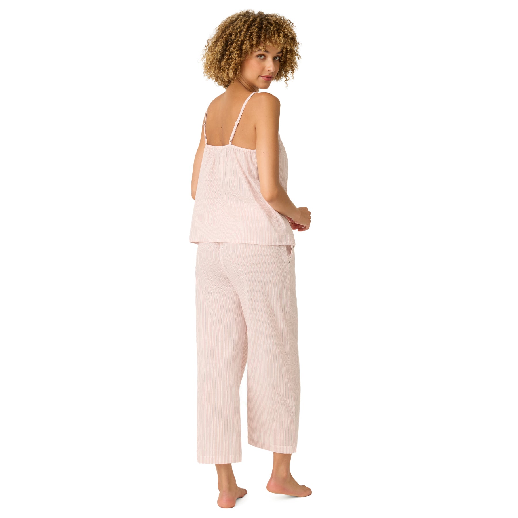 Back view of women’s blush pink striped lounge set with camisole top and cropped wide-leg pants