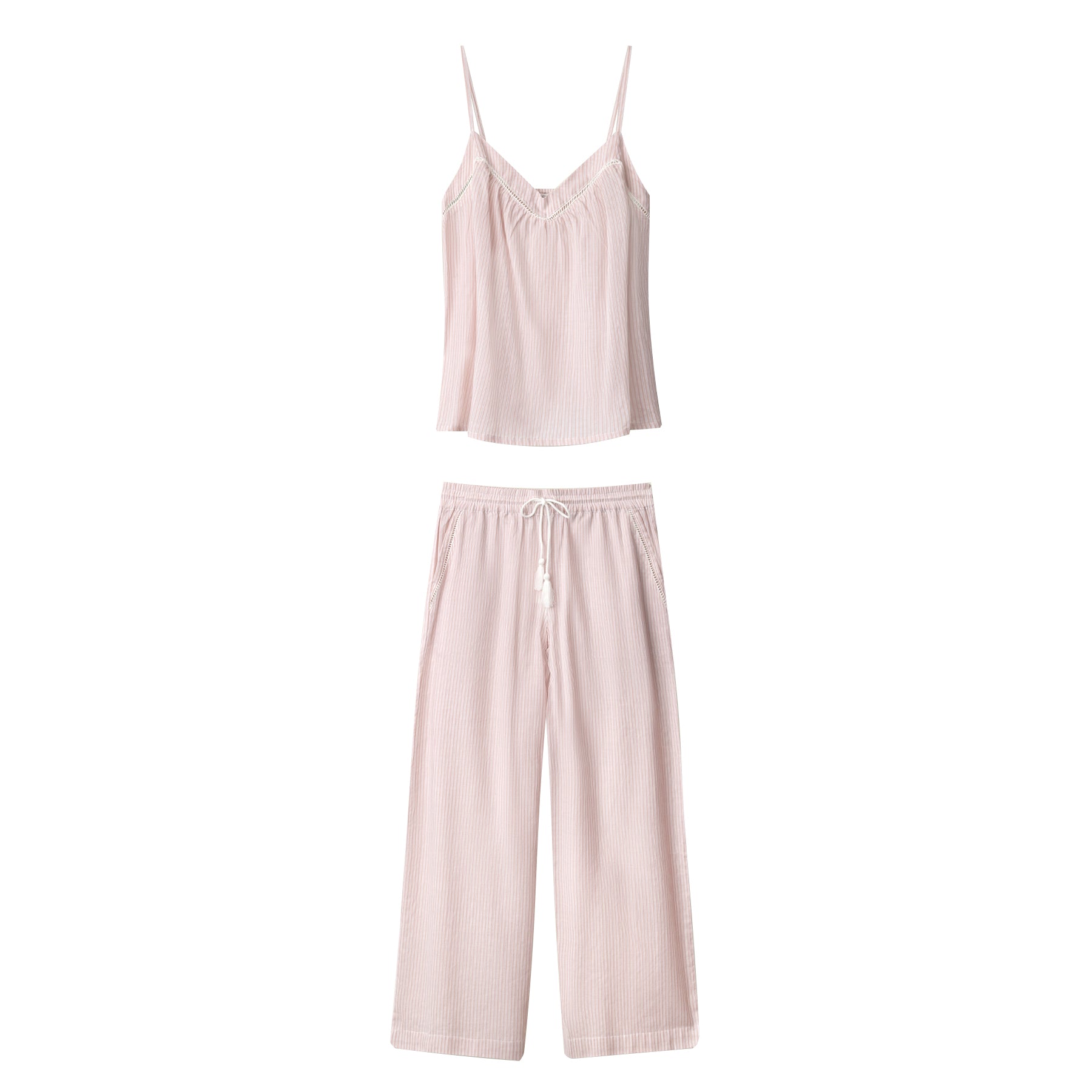 Blush pink striped sleep set flat lay with lightweight camisole top and elastic waist wide-leg pants on white background