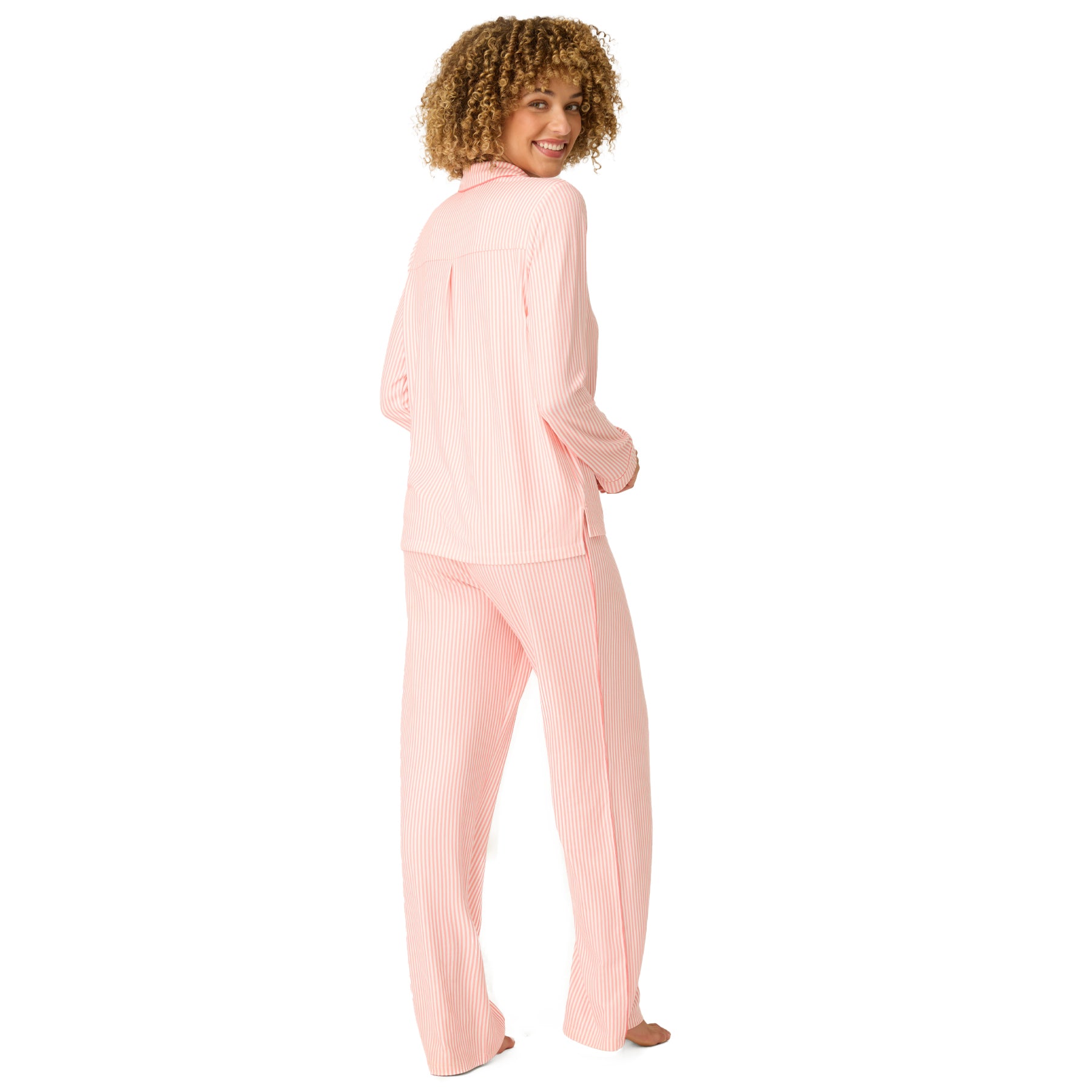 Back view of pink striped pyjama set showing long sleeve shirt and comfortable lounge pants