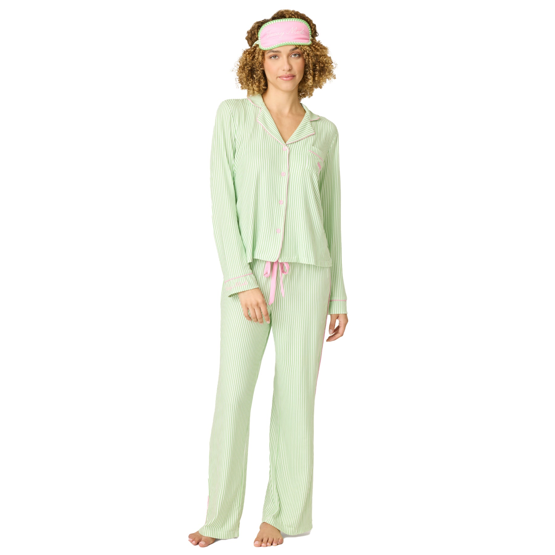 Women’s green and white striped pyjama set with long sleeve button-up top and drawstring pants, pink trim details