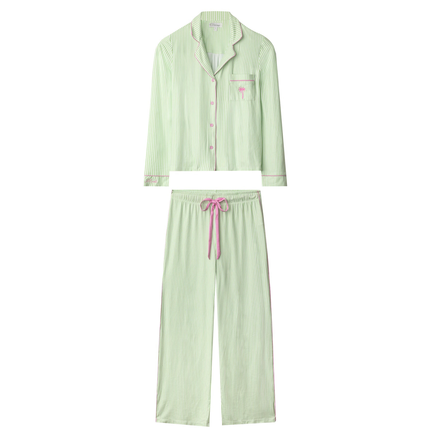 Green and white striped pyjama set with long sleeve top and pants, pink trim and drawstring detail