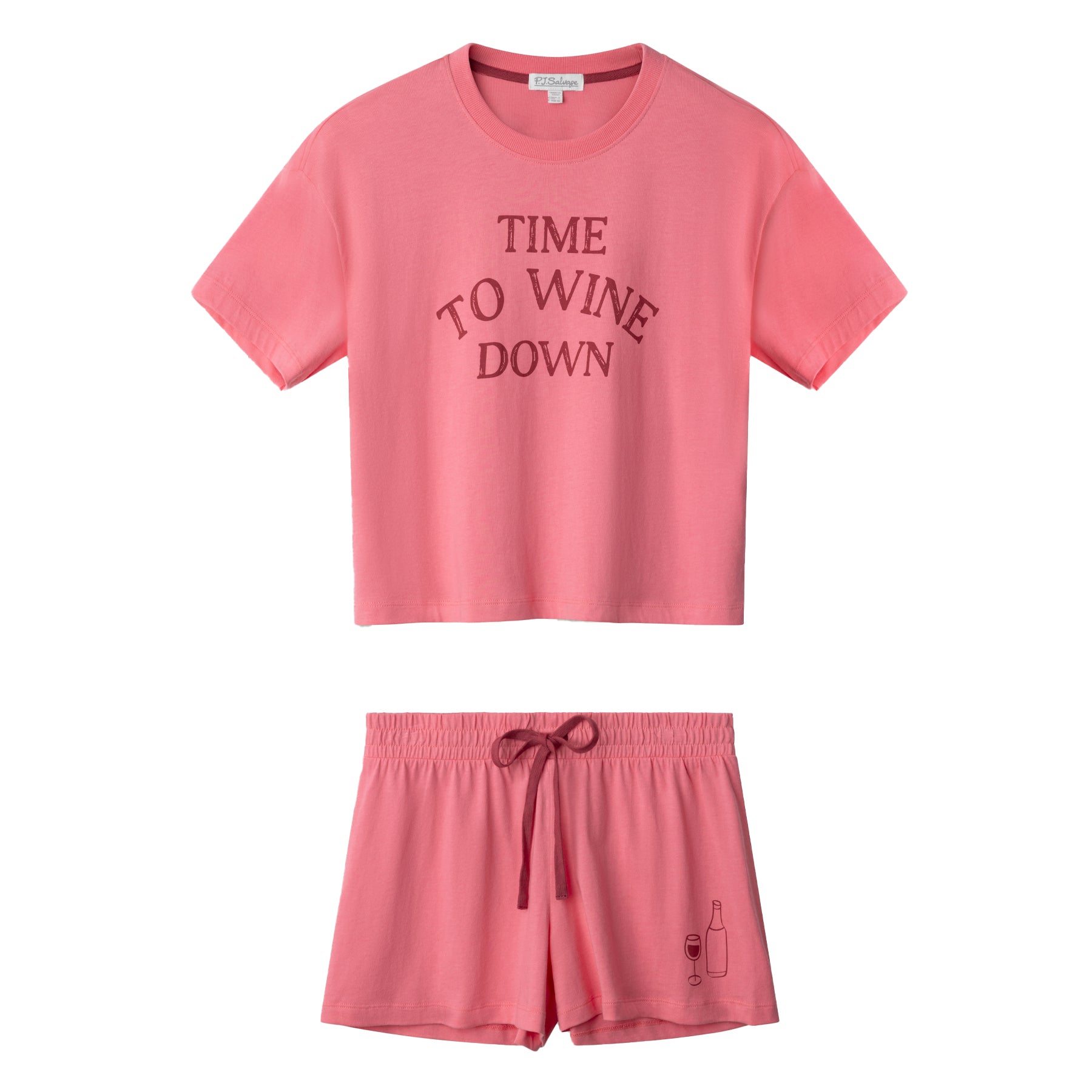 Women’s pink short sleeve pyjama set with “Time to Wine Down” graphic tee and matching shorts