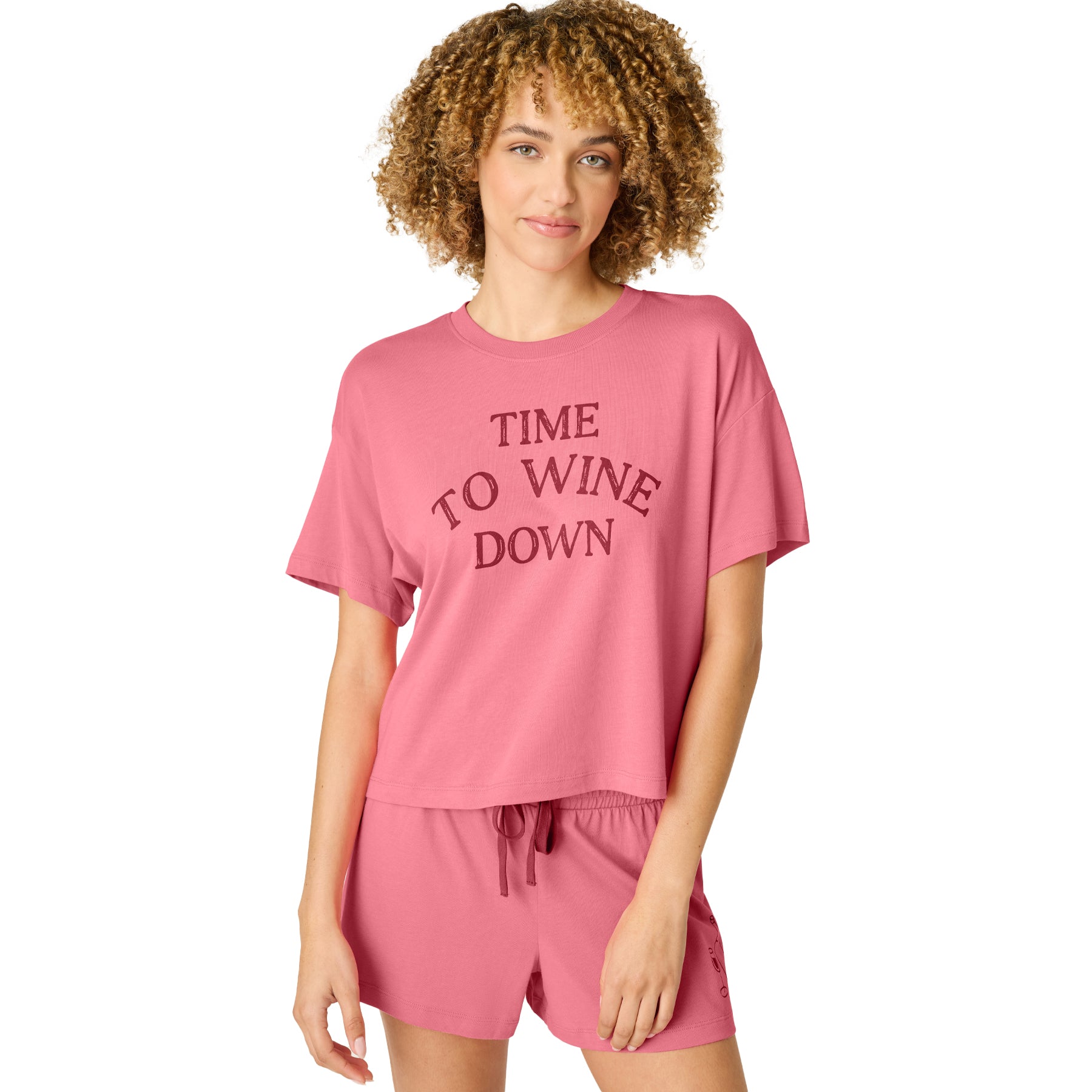 Women’s pink lounge set with graphic slogan t-shirt and elastic waist shorts with drawstring