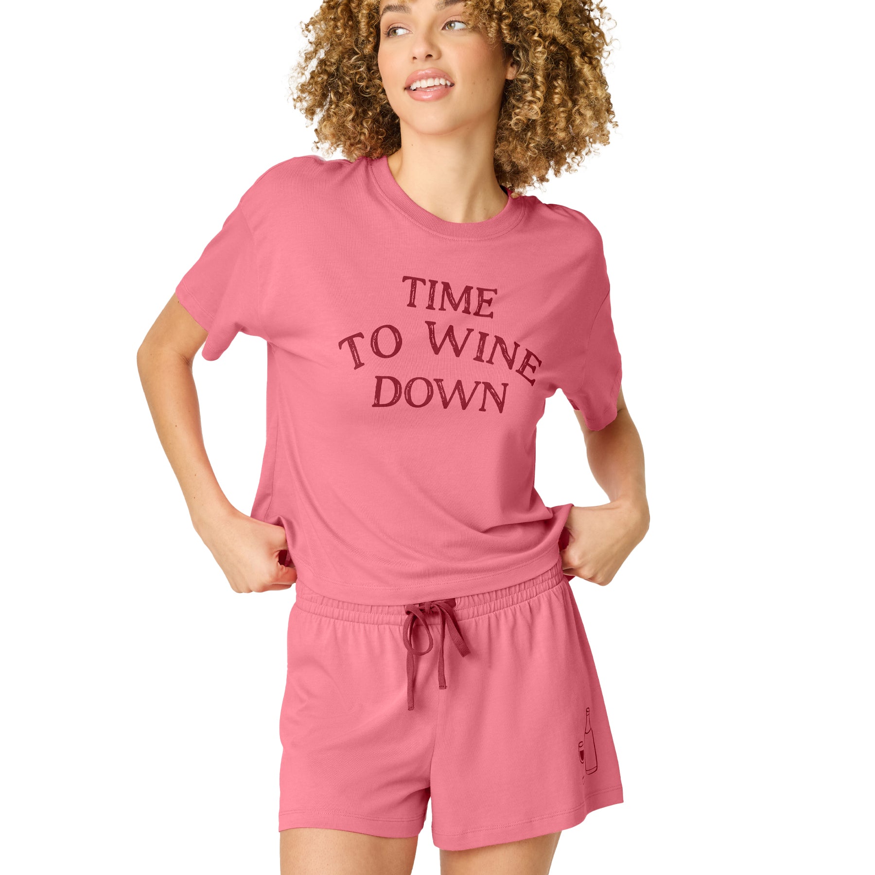 Women’s pink “Time to Wine Down” graphic pyjama set with soft fabric and relaxed fit