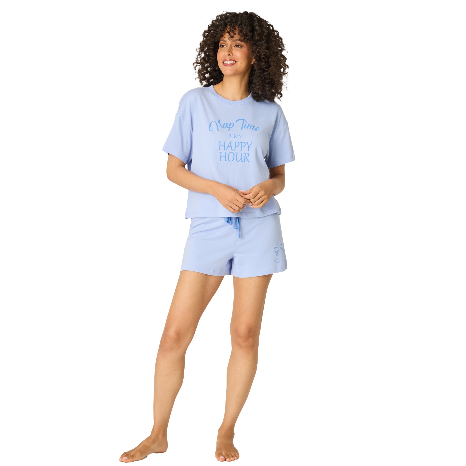 Women’s light blue pyjama set with “Nap Time is My Happy Hour” graphic t-shirt and matching shorts
