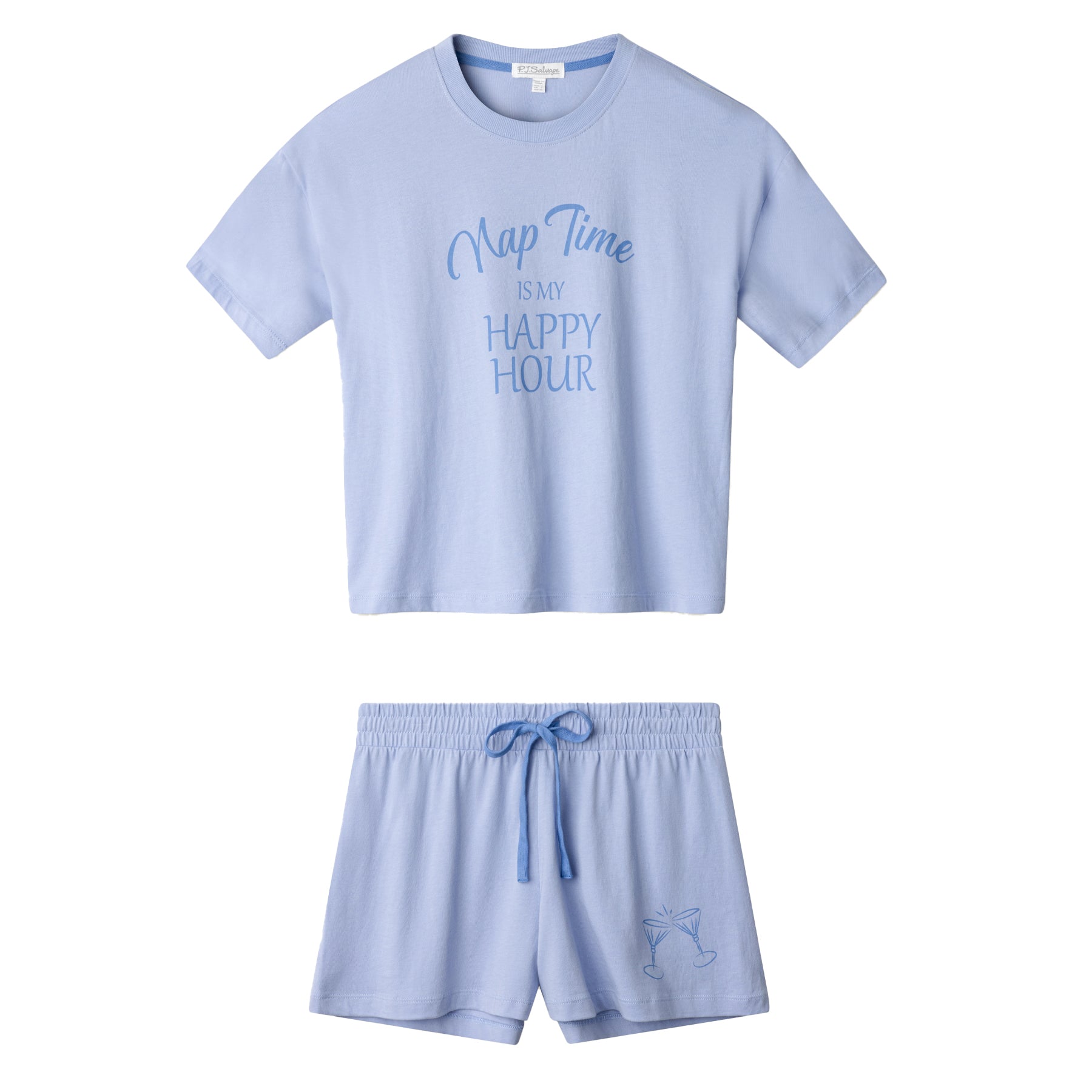 Light blue short sleeve pyjama set with slogan tee and elastic waist shorts with drawstring