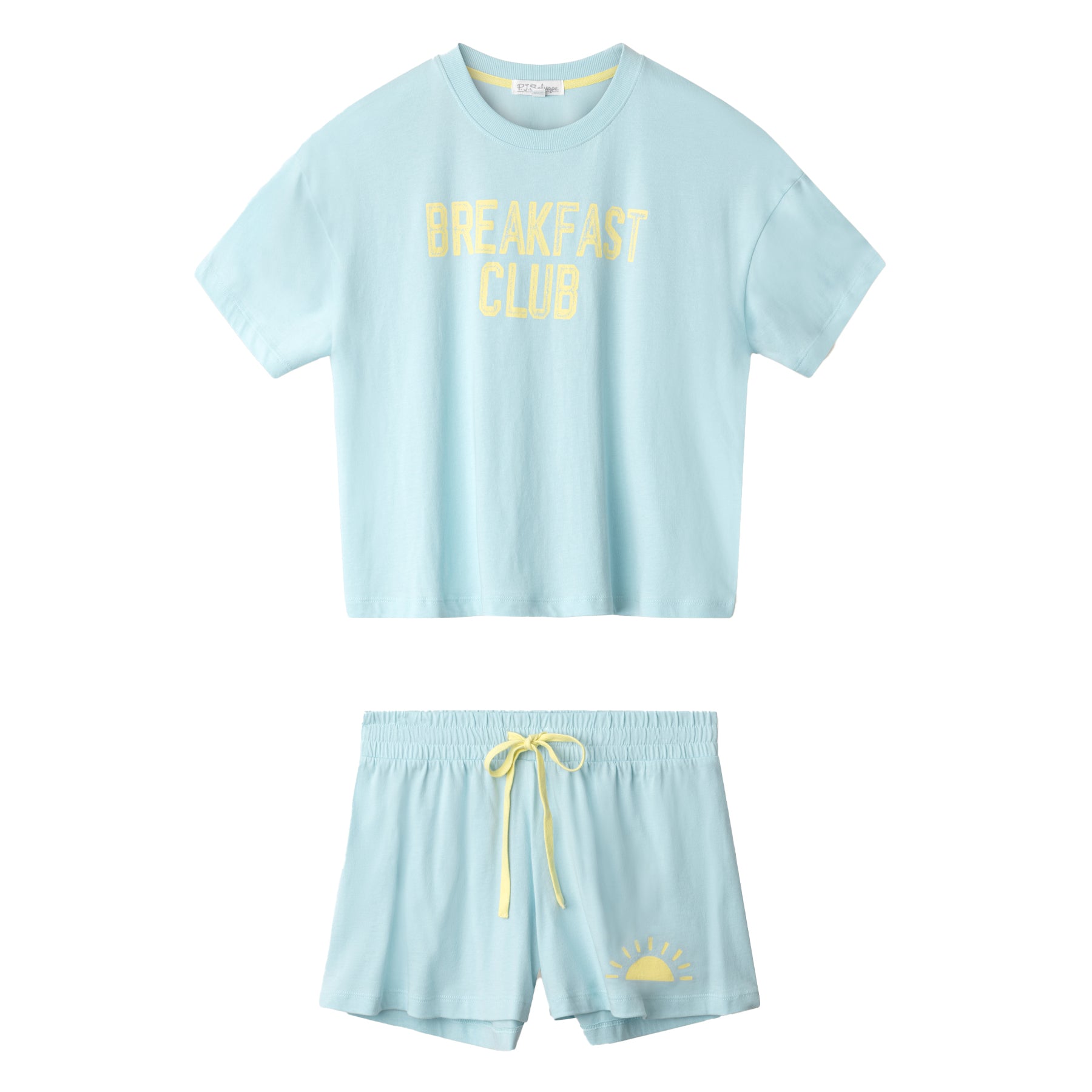 Light blue short sleeve pyjama set with slogan tee and elastic waist shorts with yellow drawstring