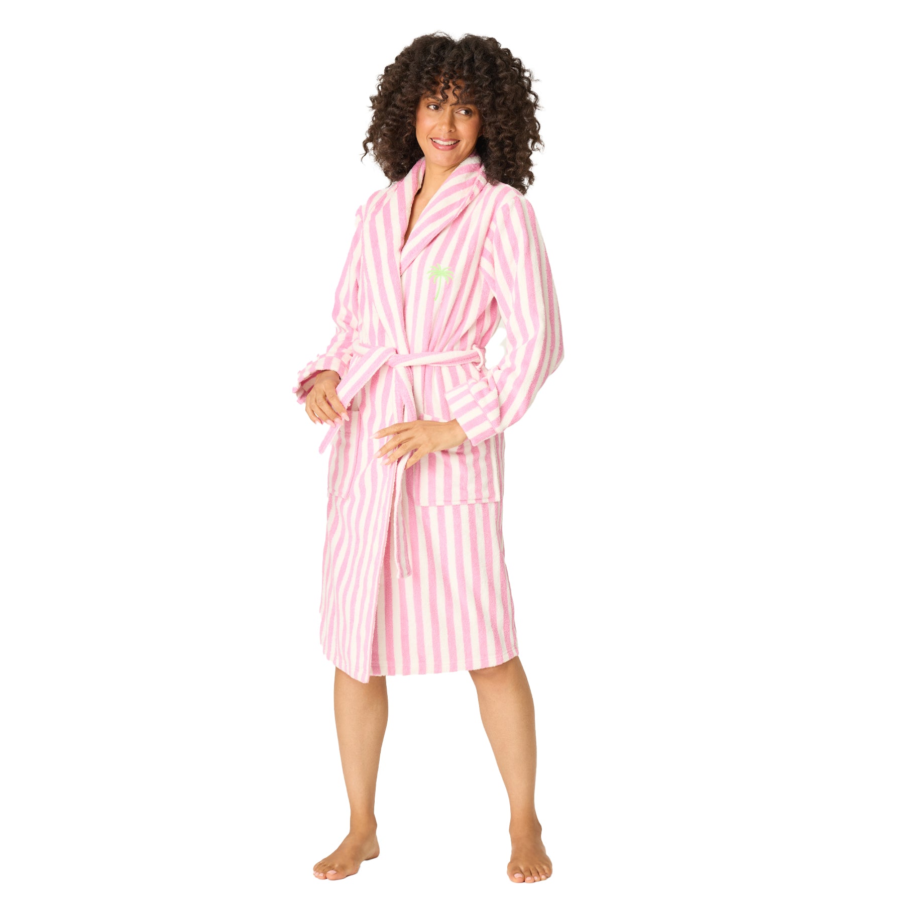Women’s pink and ivory striped terry bathrobe with belt, shawl collar, and front pockets