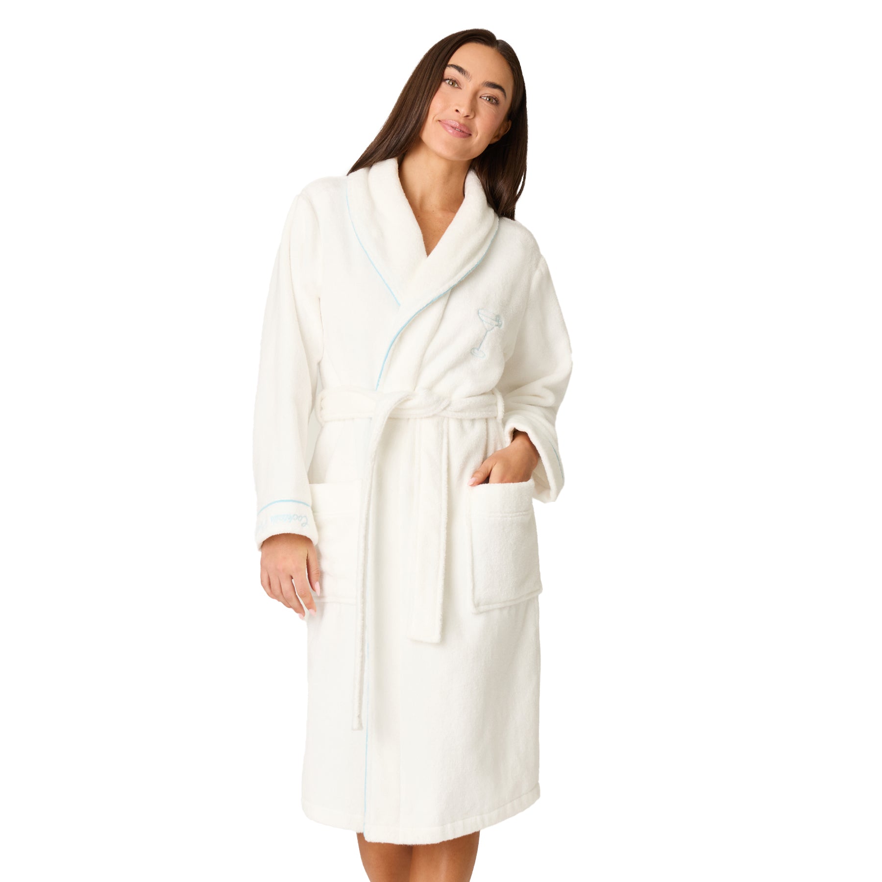 Women’s ivory terry robe with shawl collar, belt tie, and front pockets