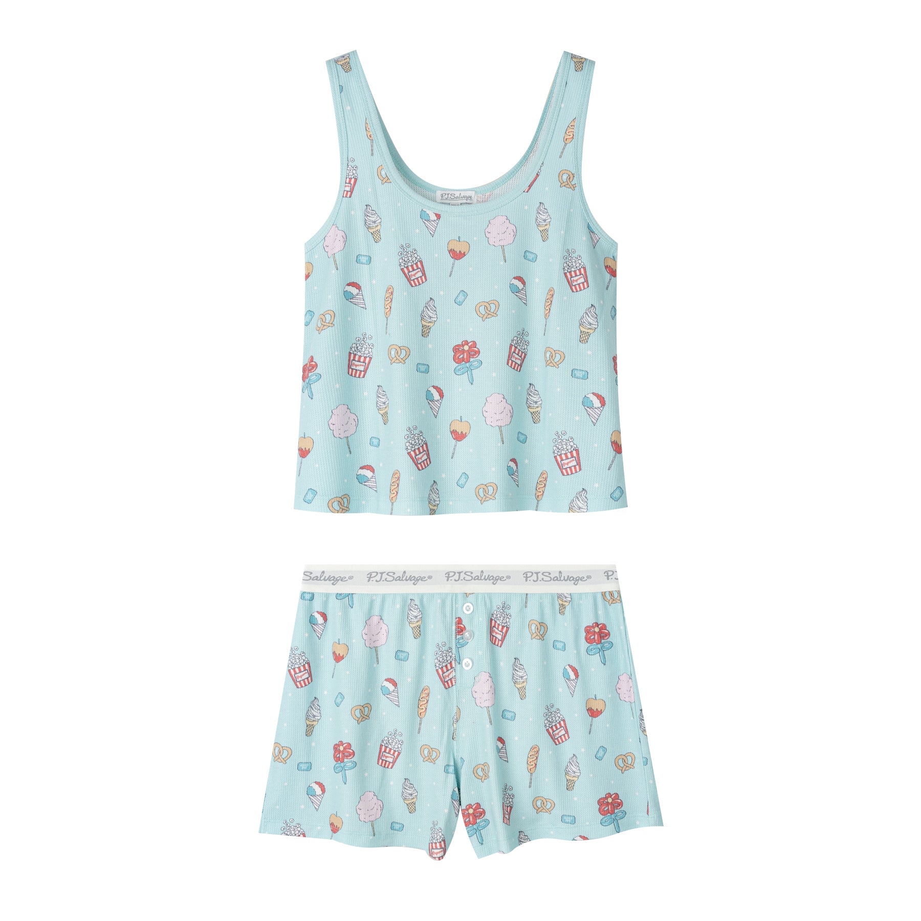 Flat lay of PJ Salvage blue pajama set with snack print, sleeveless tank top and matching shorts with elastic waistband