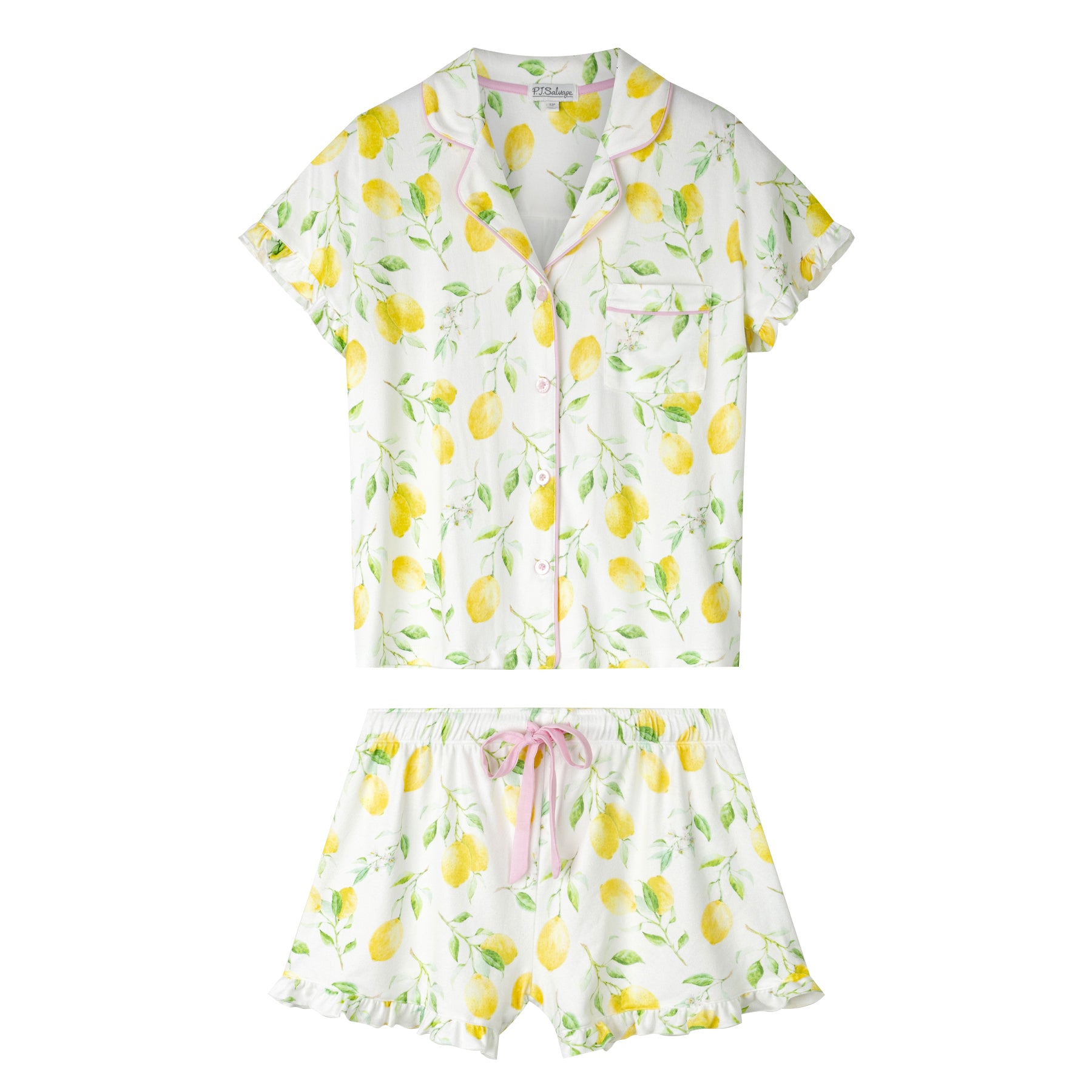 Flat lay of ivory lemon print pyjama set with short sleeve button-up top and matching drawstring shorts