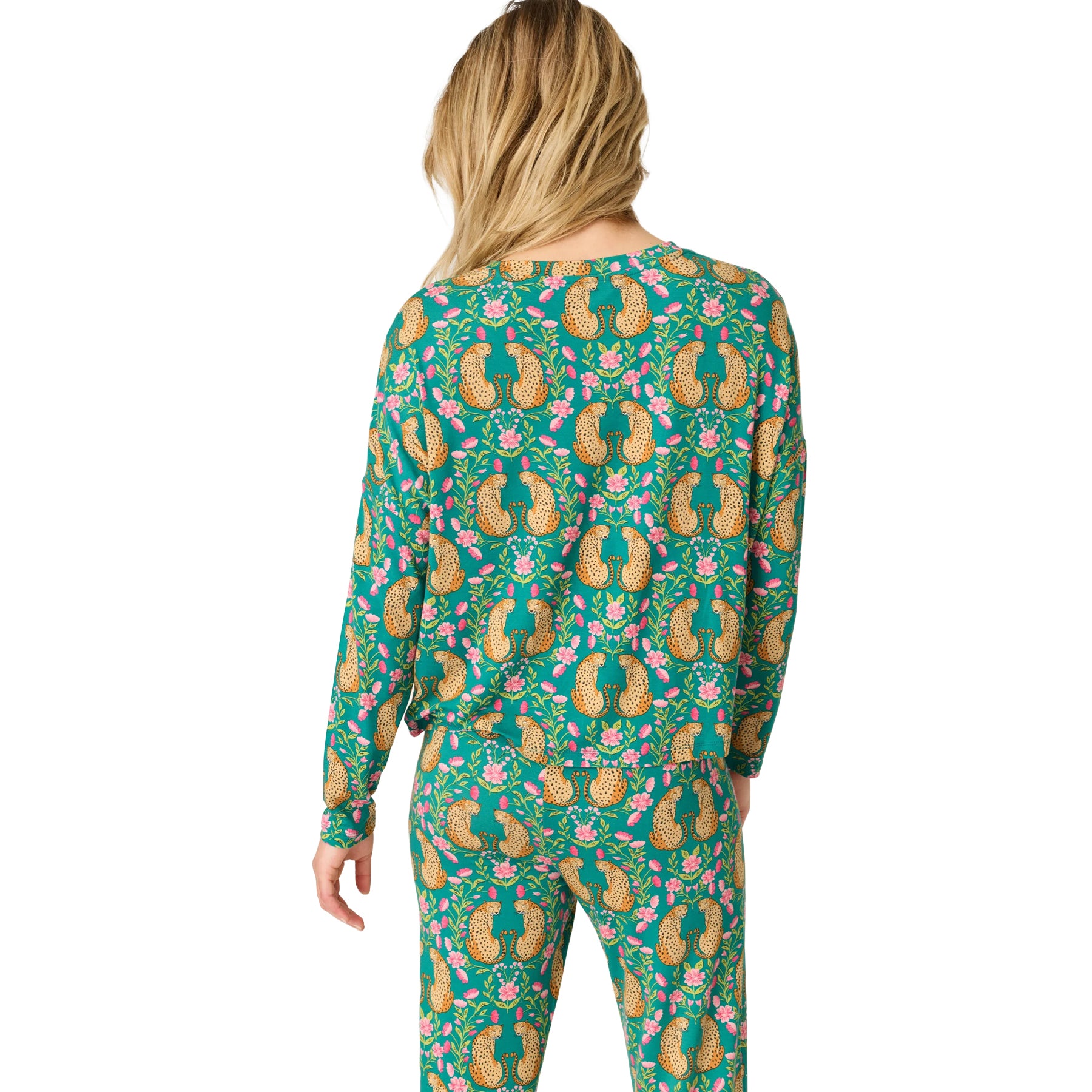 Back view of teal cheetah and floral print pajama set with relaxed long-sleeve top and matching pants.